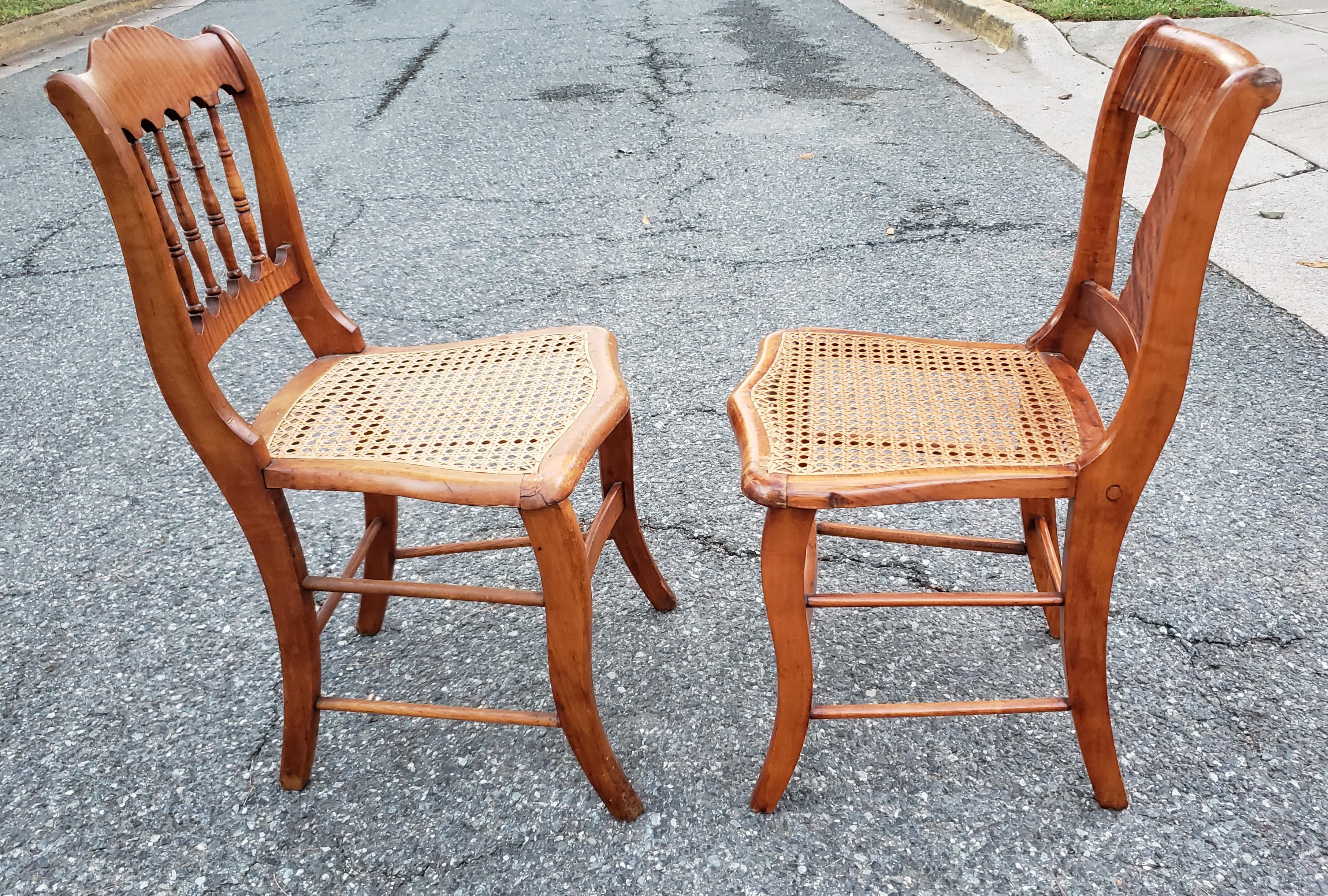 Pair of Early 20th Century Victorian Tiger Maple and Cane Seat Side Chair For Sale 2