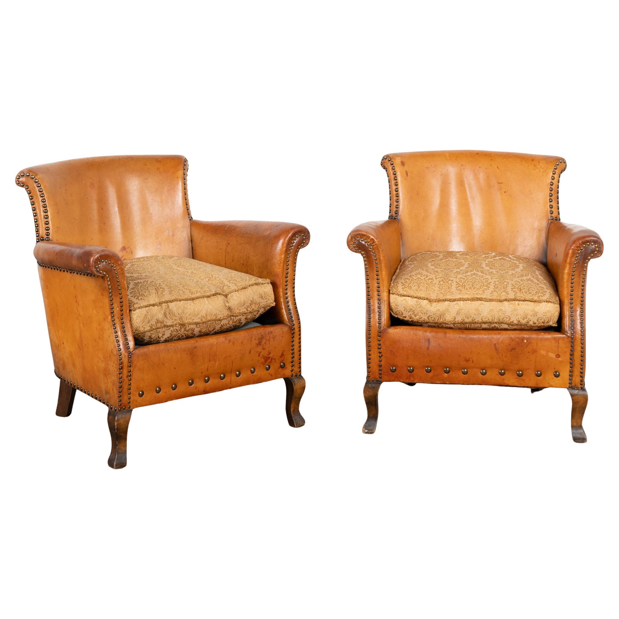 Pair of Early 20th Century Vintage Leather Club Chairs