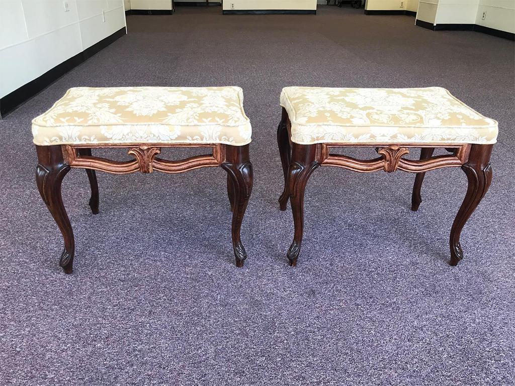 Pair of Early 20th Century Vintage Ottoman/Stools, Carved Wood/ Cream Floral For Sale 2