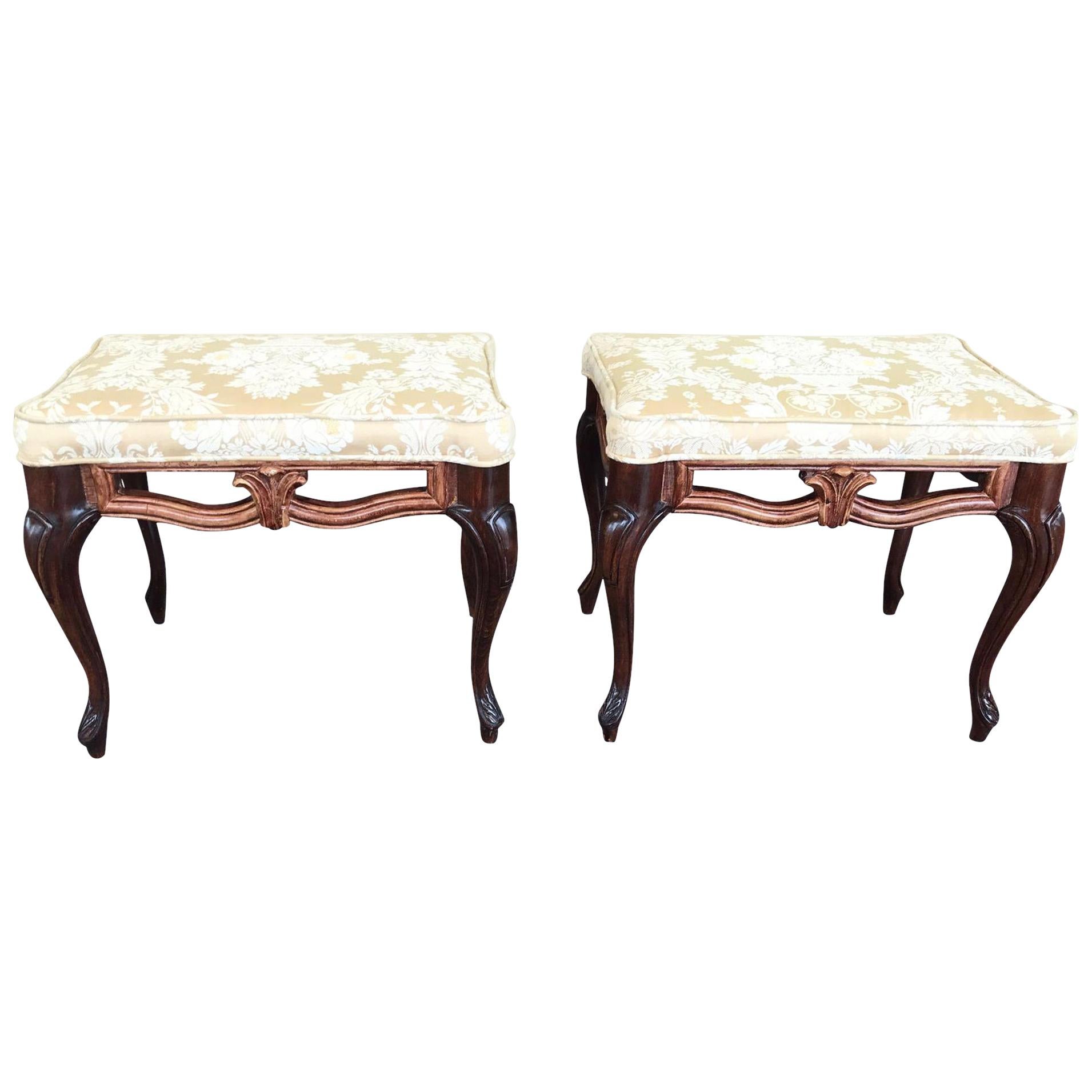 Pair of Early 20th Century Vintage Ottoman/Stools, Carved Wood/ Cream Floral For Sale