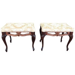 Pair of Early 20th Century Vintage Ottoman/Stools, Carved Wood/ Cream Floral