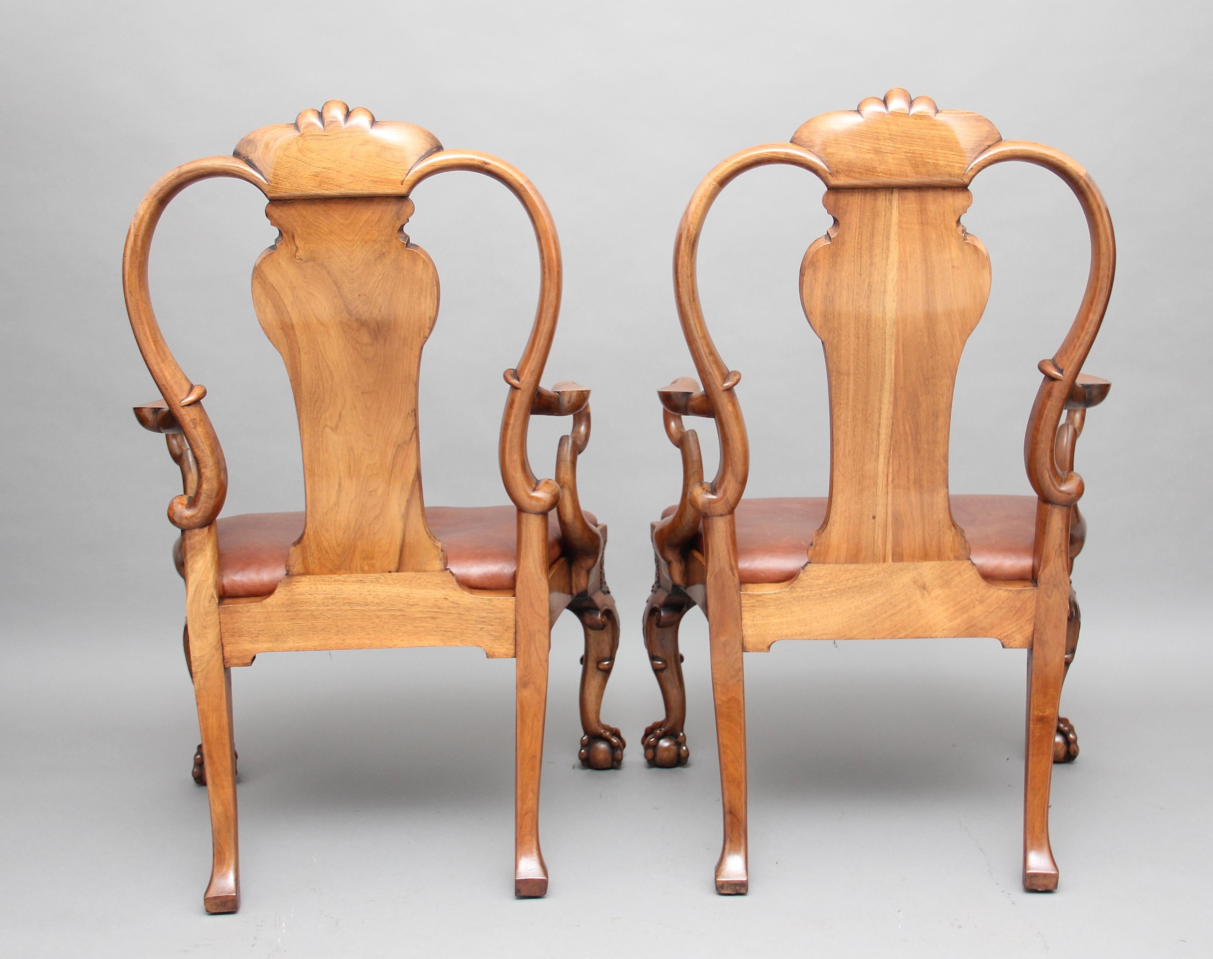 English Pair of Early 20th Century Walnut Open Armchairs