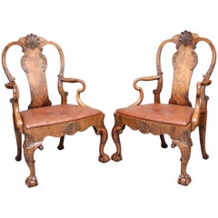 Antique Pair of Early 20th Century Walnut Open Armchairs