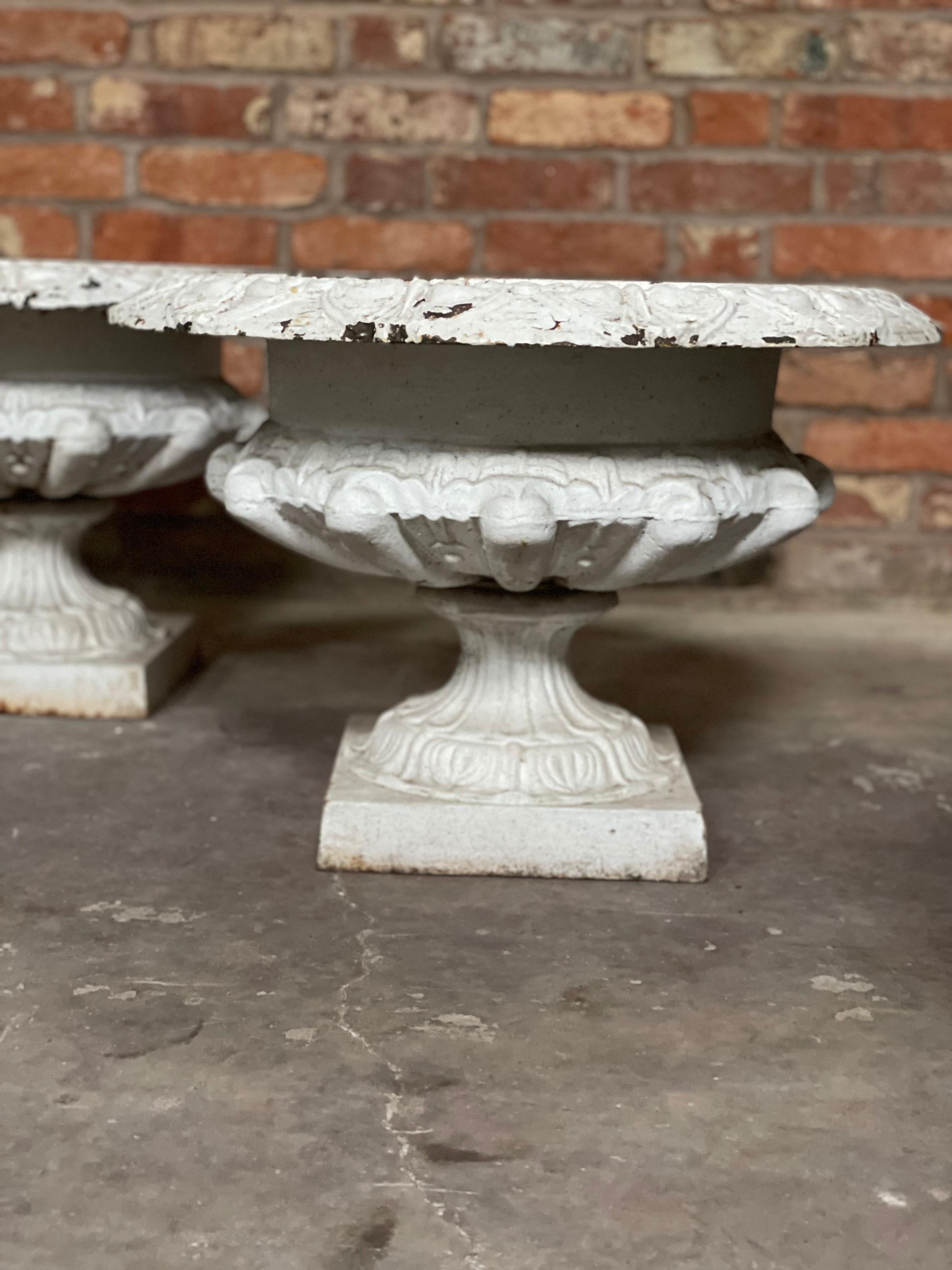 A very nice pair of early 20th century cast iron urns painted white.

These will make a nice addition to any garden or any outside space.
 