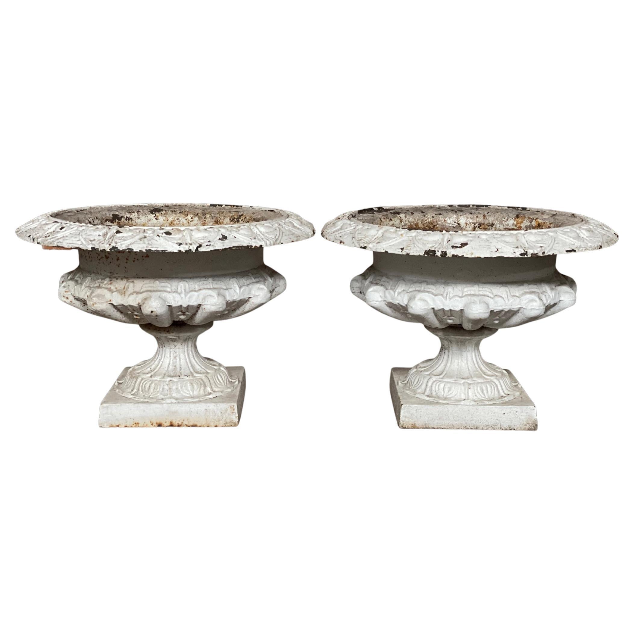Pair of Early 20th Century White Cast Iron Urns For Sale