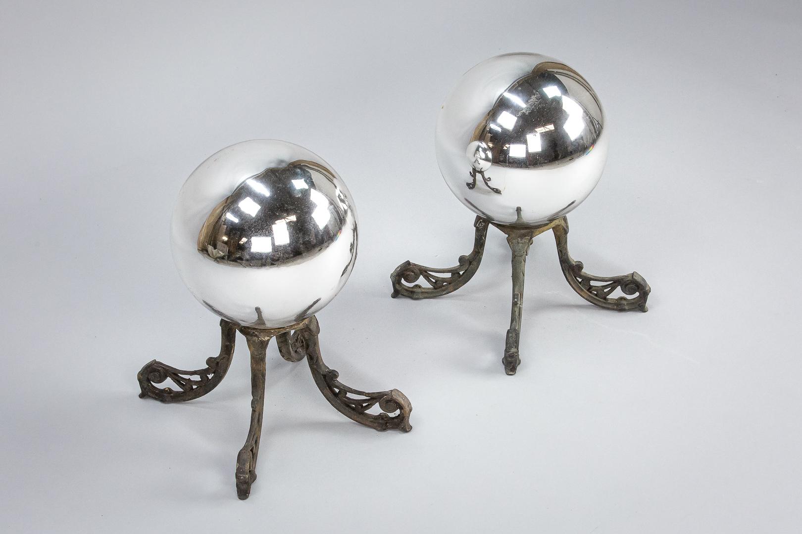 Pair of Early 20th Century Witch Balls on Bronze Stands 5