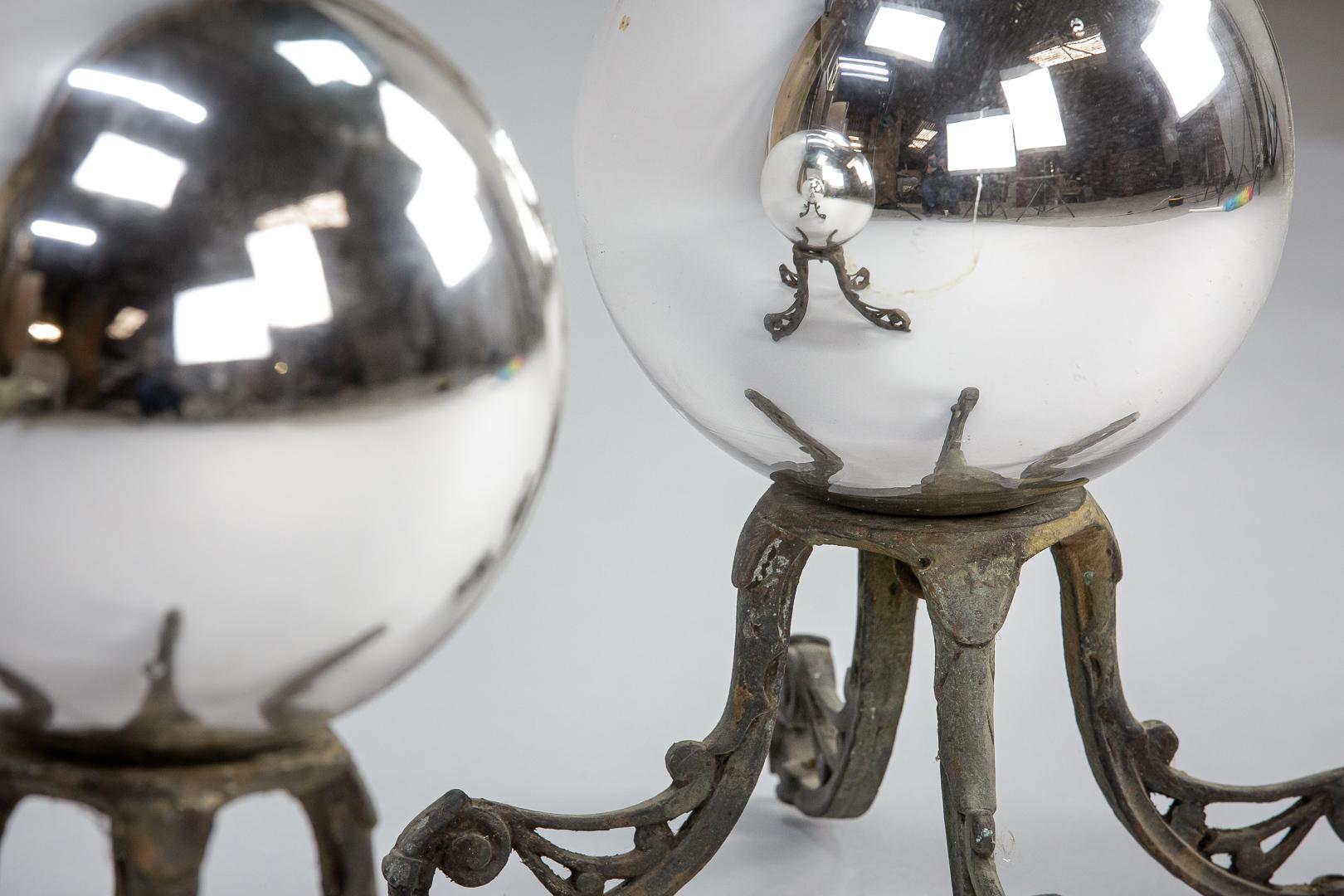 Glass Pair of Early 20th Century Witch Balls on Bronze Stands