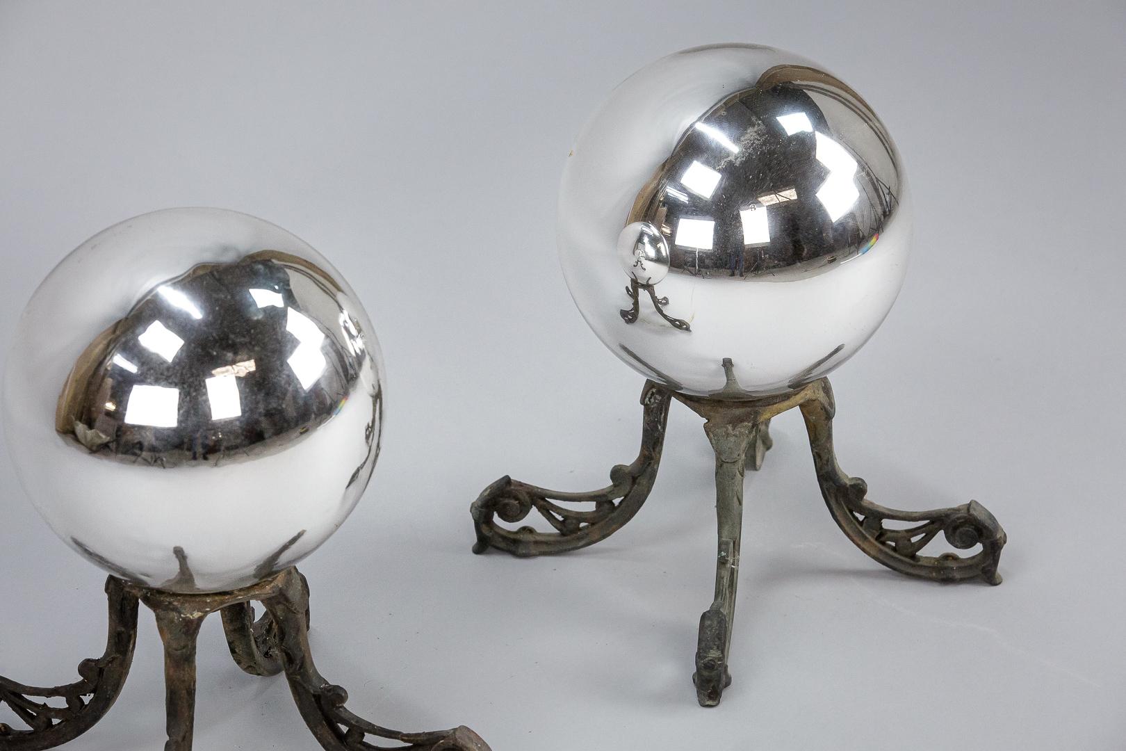 Pair of Early 20th Century Witch Balls on Bronze Stands 2