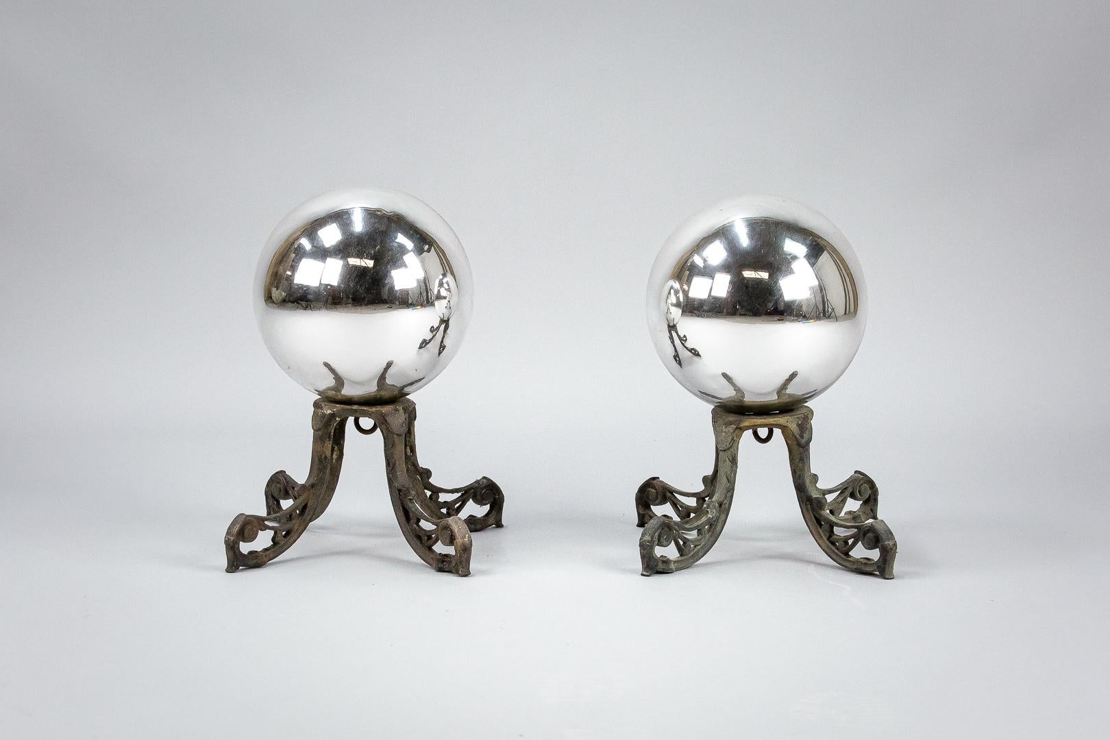 Pair of Early 20th Century Witch Balls on Bronze Stands 3