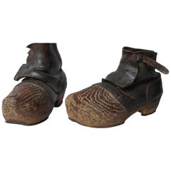 Antique Pair of Early 20th Century Wood and Leather Clogs or Sabots Bois