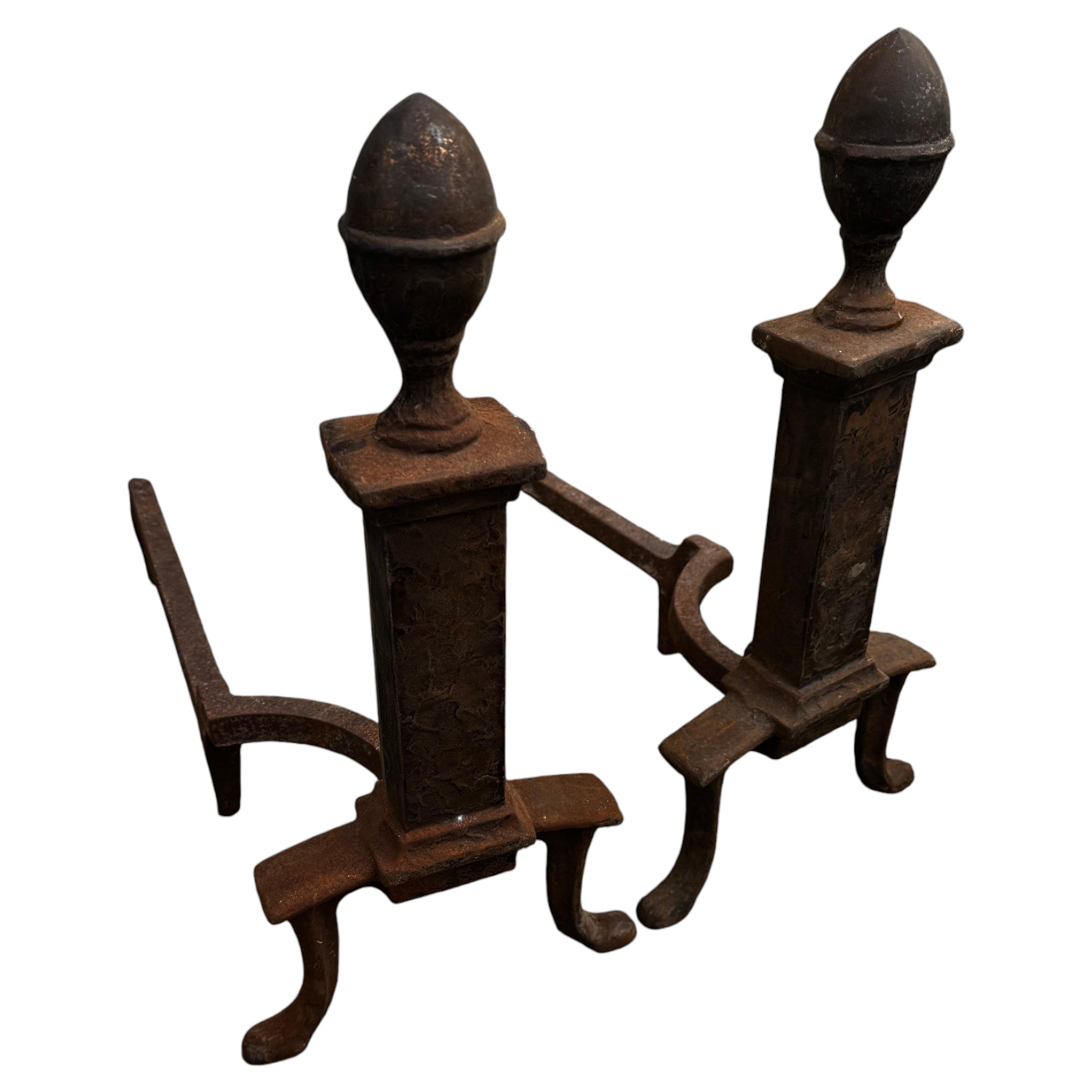 Pair of Early 20th Century Wrought Iron Acorn Andirons
