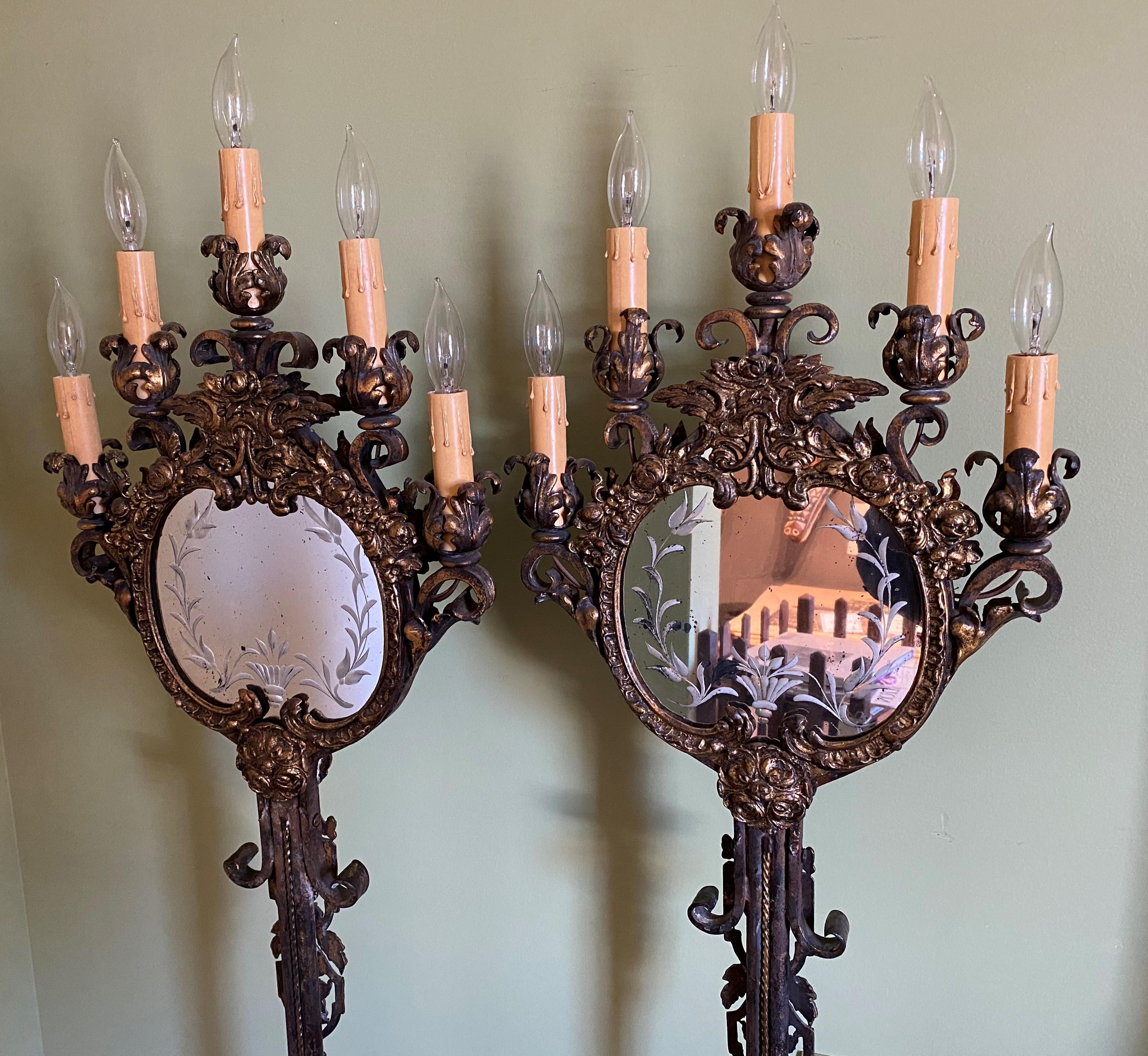Pair of Early 20th Century Wrought Iron & Marble 5-Light Mirrored Torchieres 5