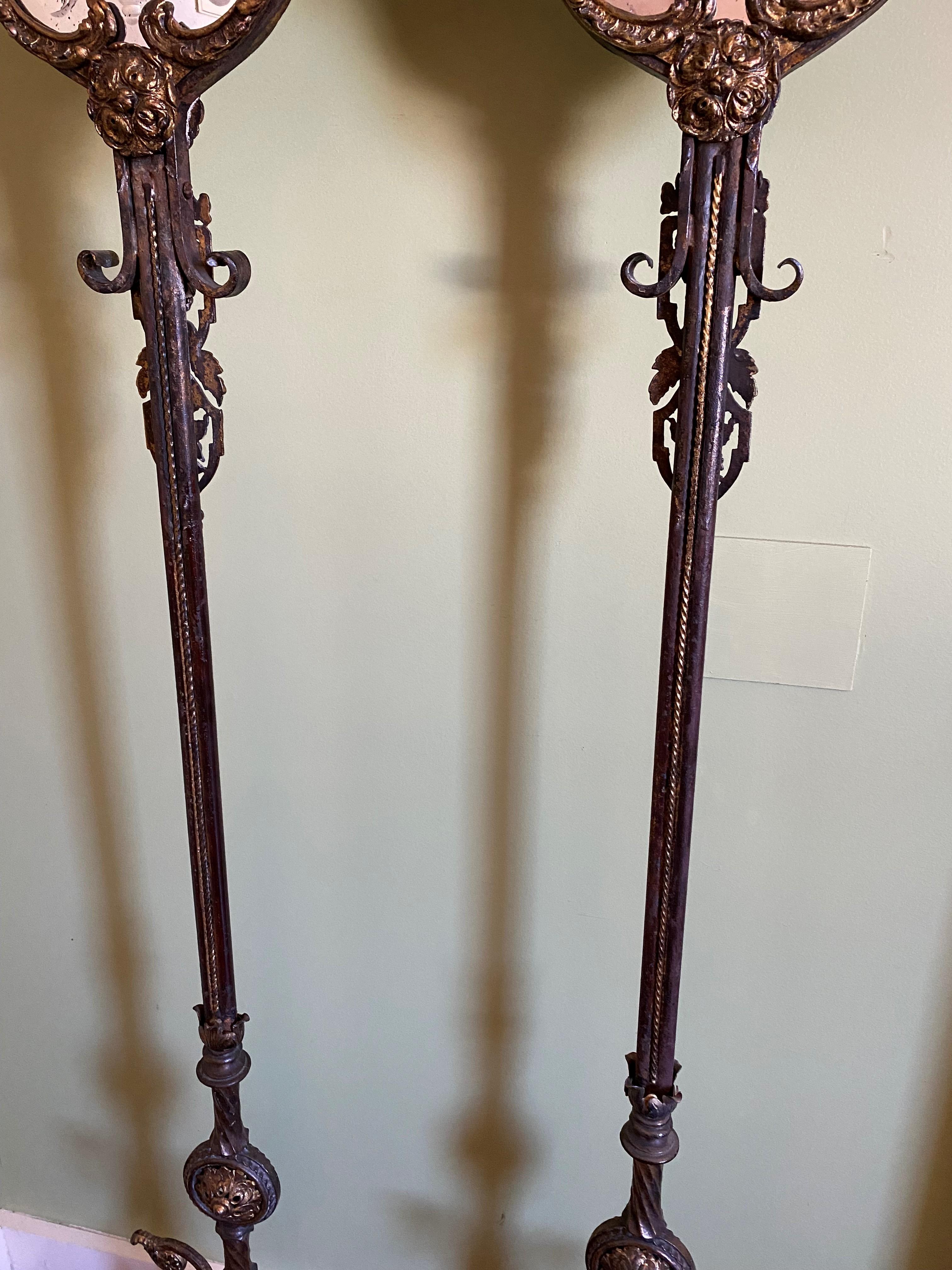 Pair of Early 20th Century Wrought Iron & Marble 5-Light Mirrored Torchieres 6