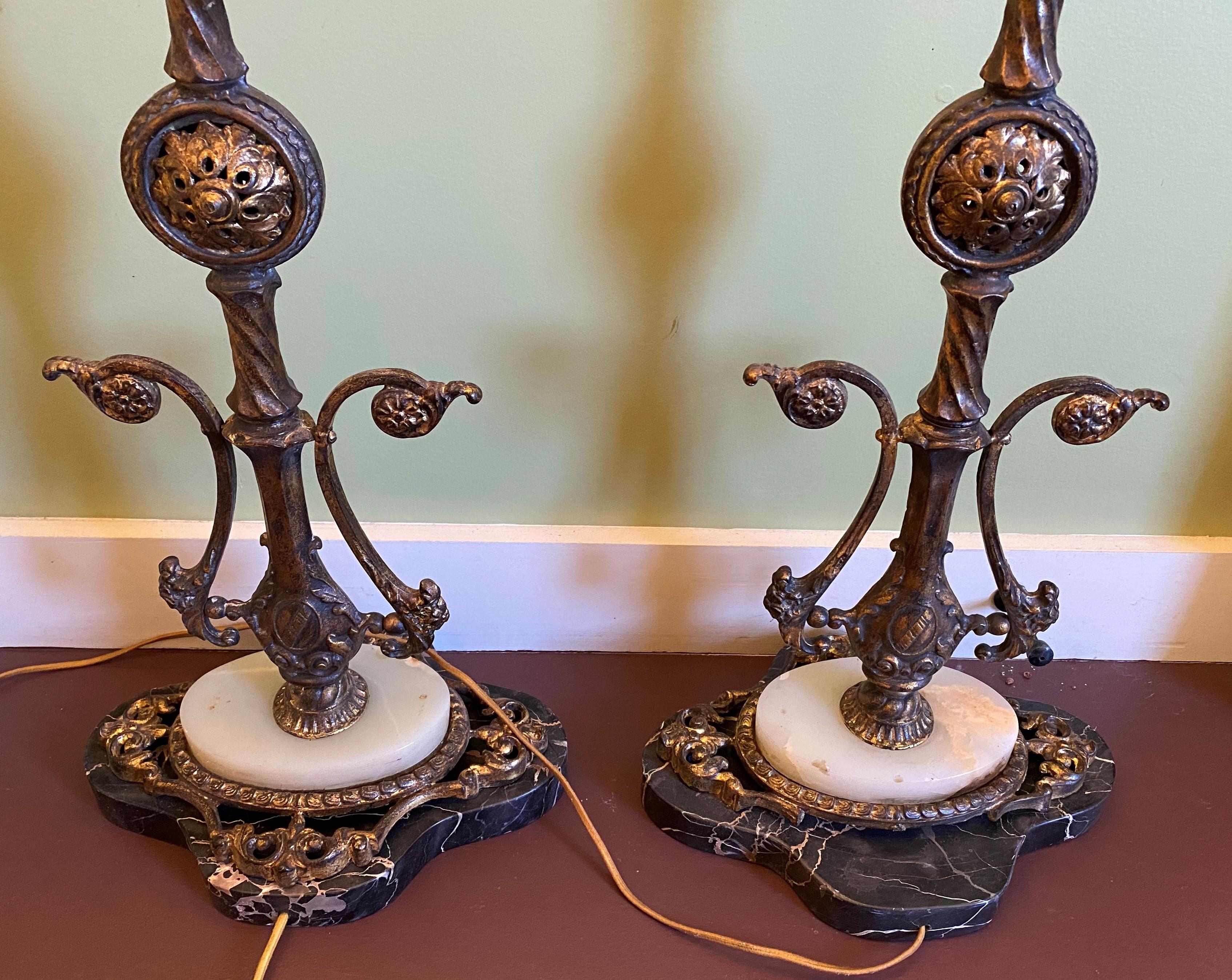 Pair of Early 20th Century Wrought Iron & Marble 5-Light Mirrored Torchieres 7