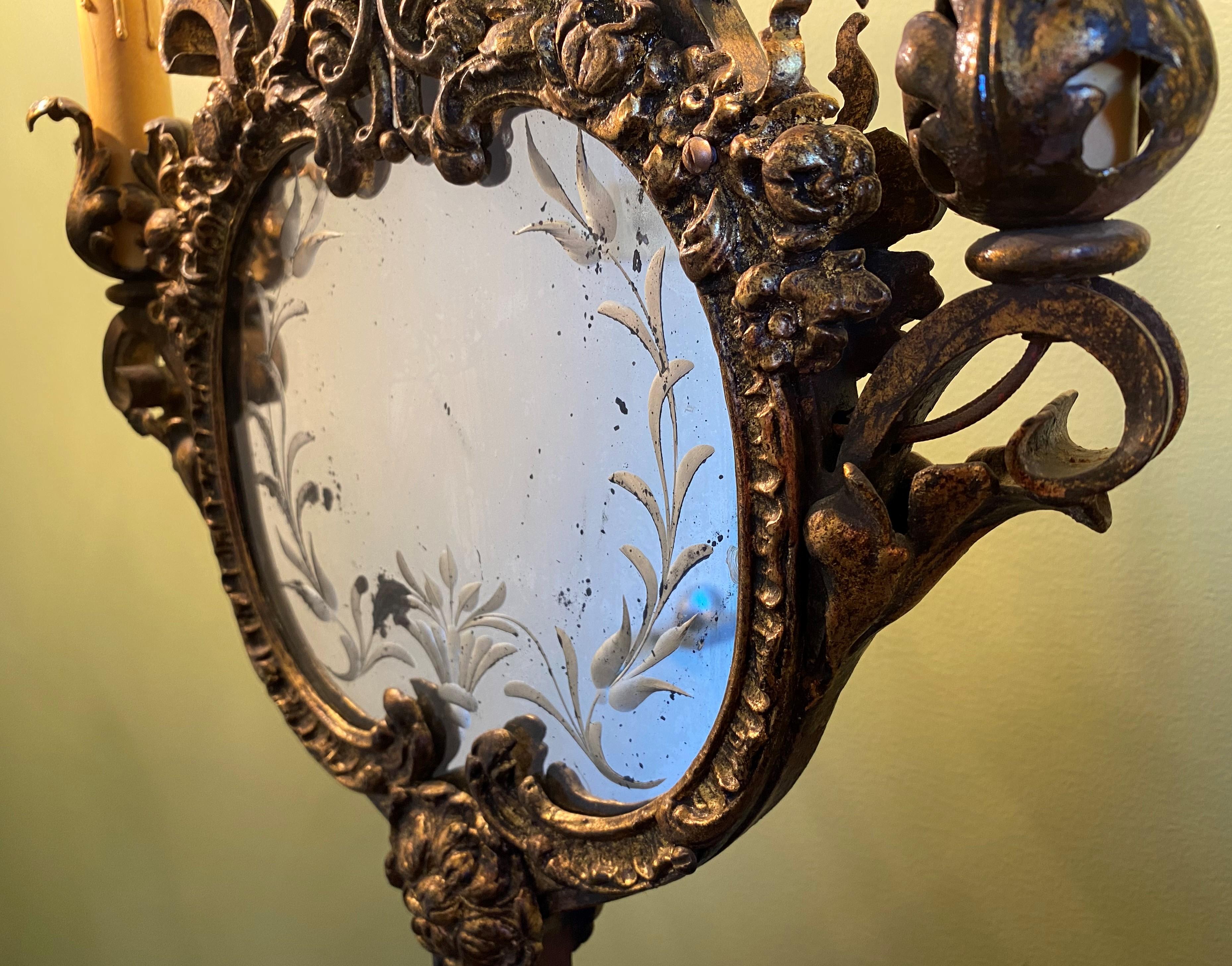 Pair of Early 20th Century Wrought Iron & Marble 5-Light Mirrored Torchieres 8