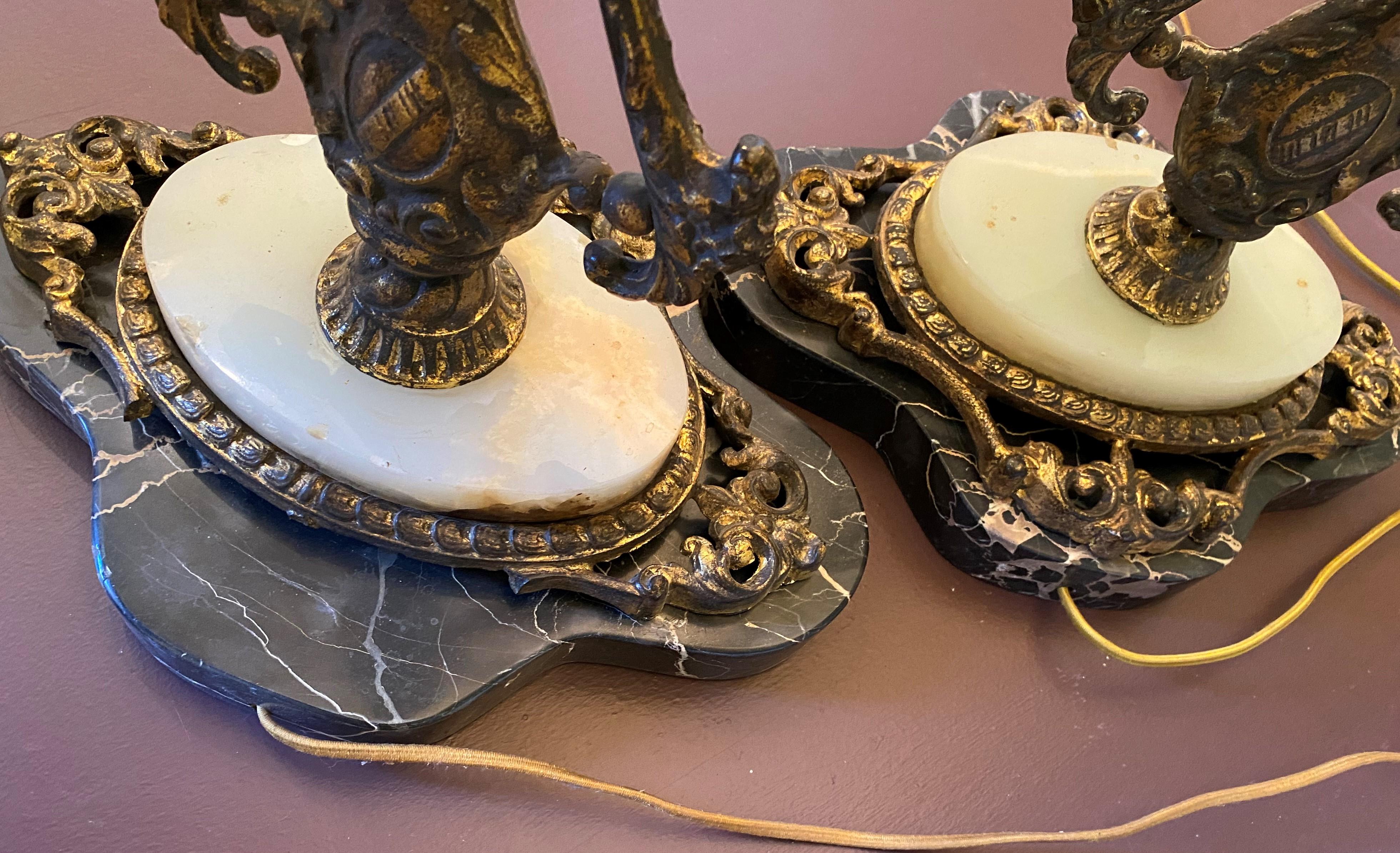 Pair of Early 20th Century Wrought Iron & Marble 5-Light Mirrored Torchieres 9