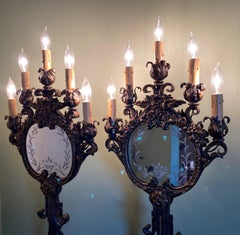 Pair of Early 20th Century Wrought Iron & Marble 5-Light Mirrored Torchieres
