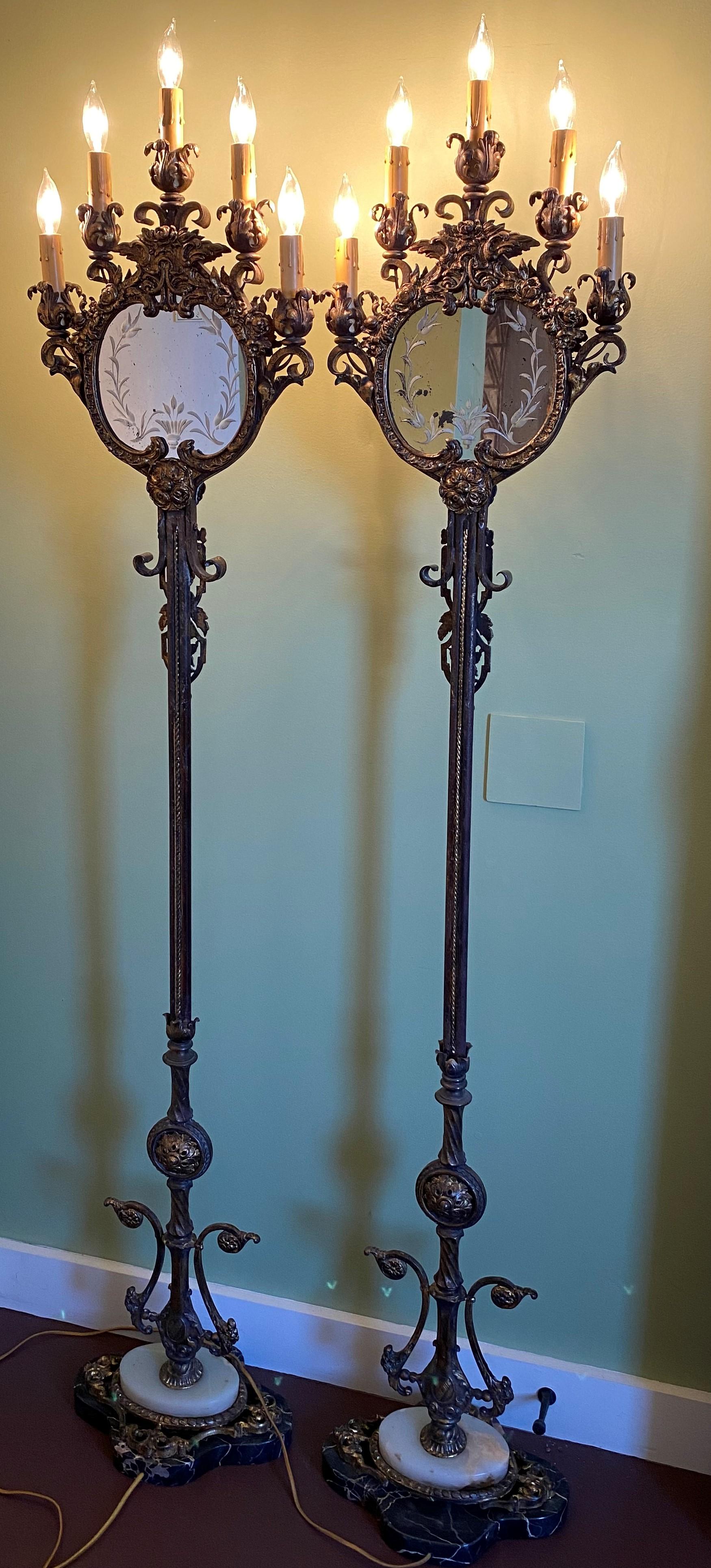 English Pair of Early 20th Century Wrought Iron & Marble 5-Light Mirrored Torchieres