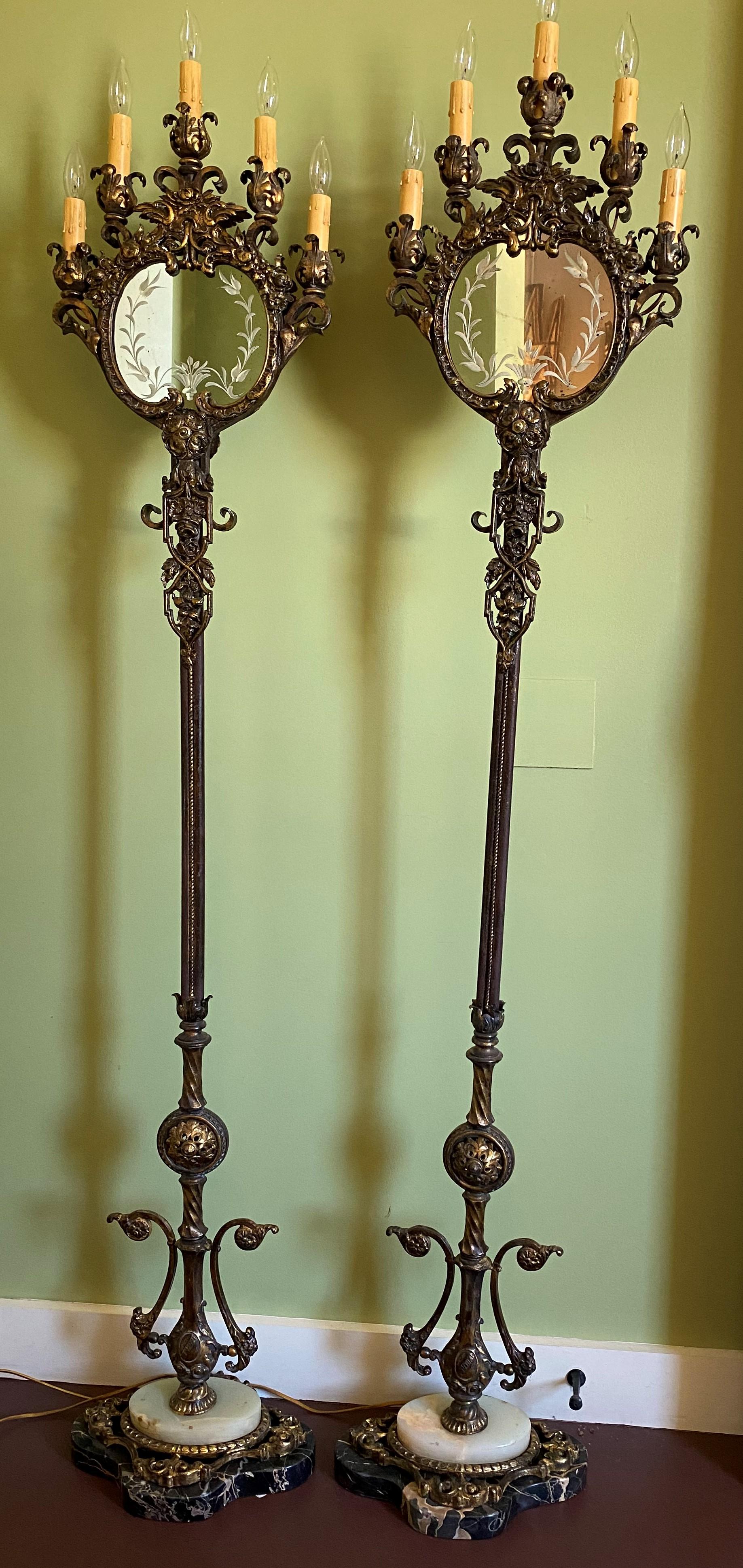 Etched Pair of Early 20th Century Wrought Iron & Marble 5-Light Mirrored Torchieres