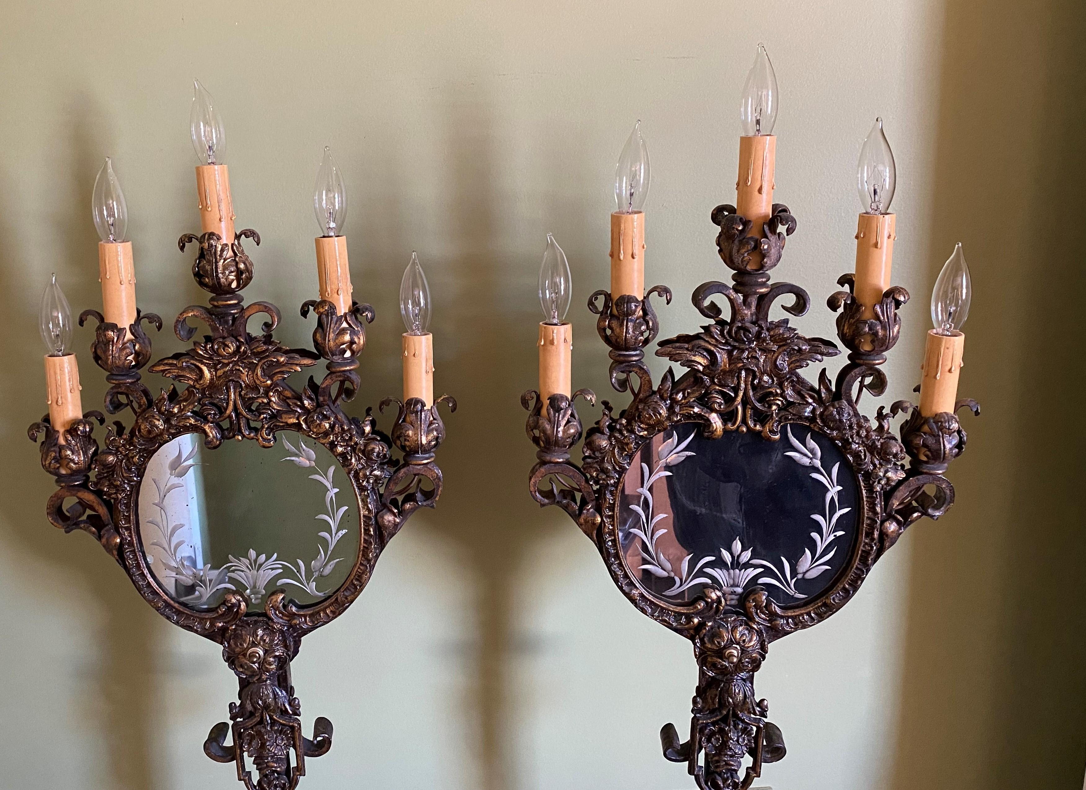 Pair of Early 20th Century Wrought Iron & Marble 5-Light Mirrored Torchieres In Good Condition In Milford, NH