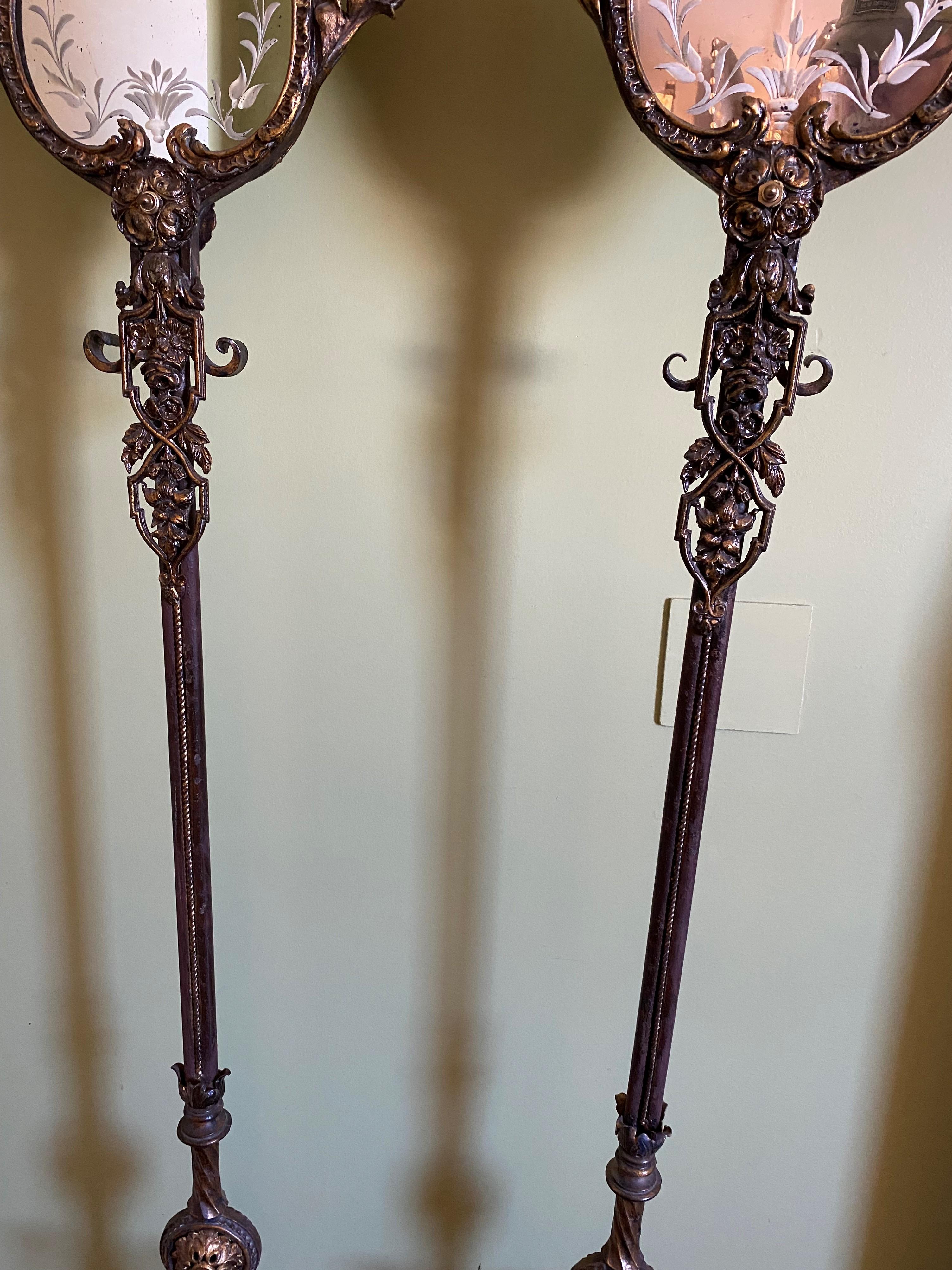 Pair of Early 20th Century Wrought Iron & Marble 5-Light Mirrored Torchieres 1