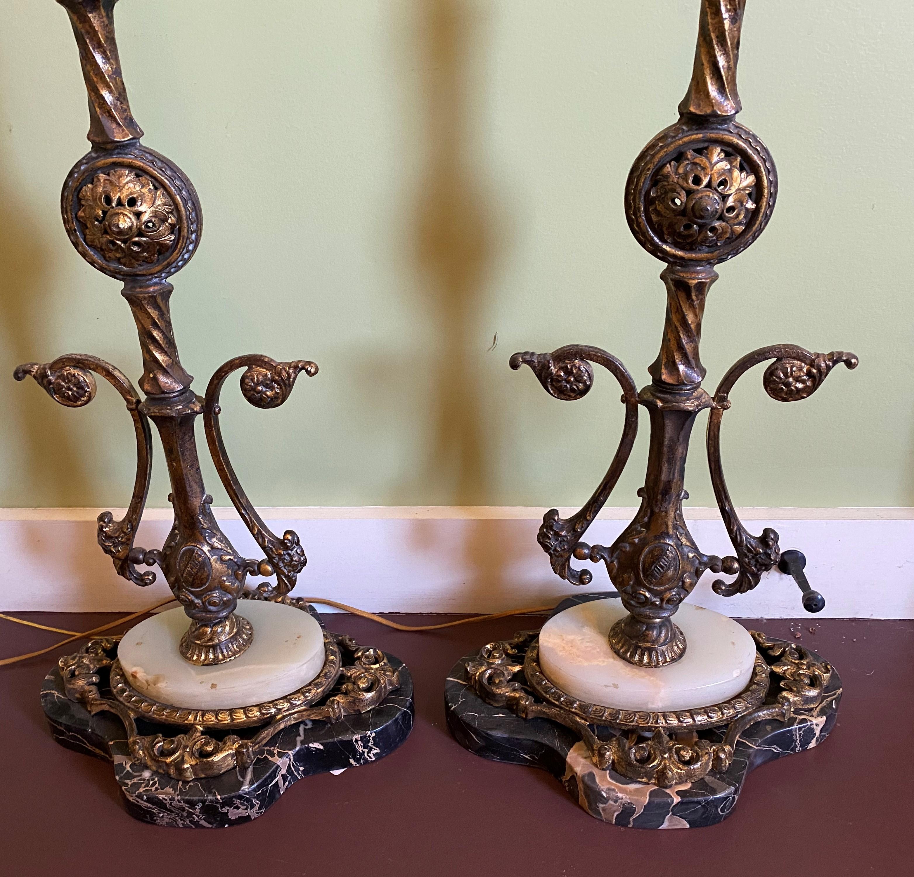 Pair of Early 20th Century Wrought Iron & Marble 5-Light Mirrored Torchieres 2