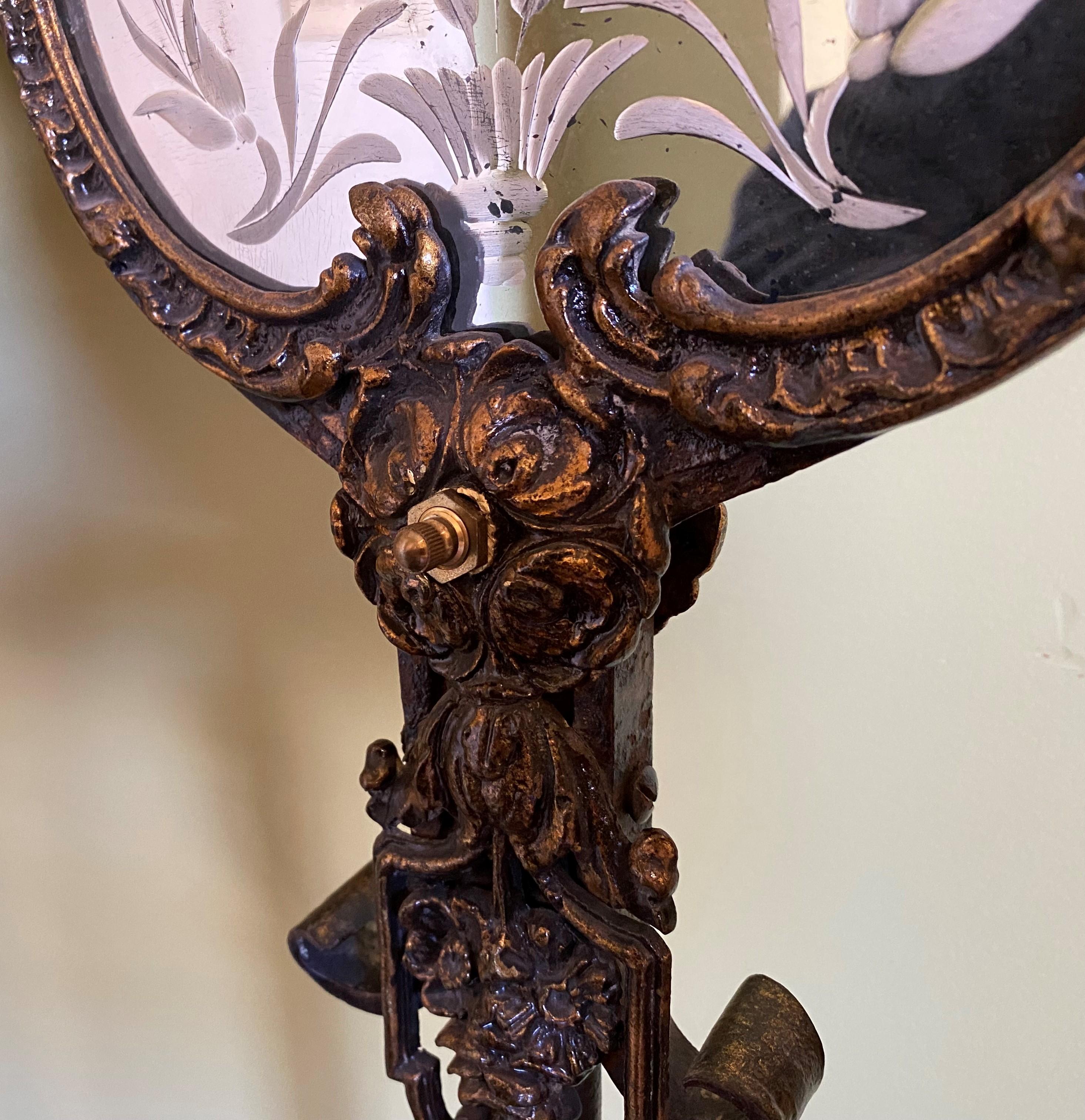 Pair of Early 20th Century Wrought Iron & Marble 5-Light Mirrored Torchieres 3