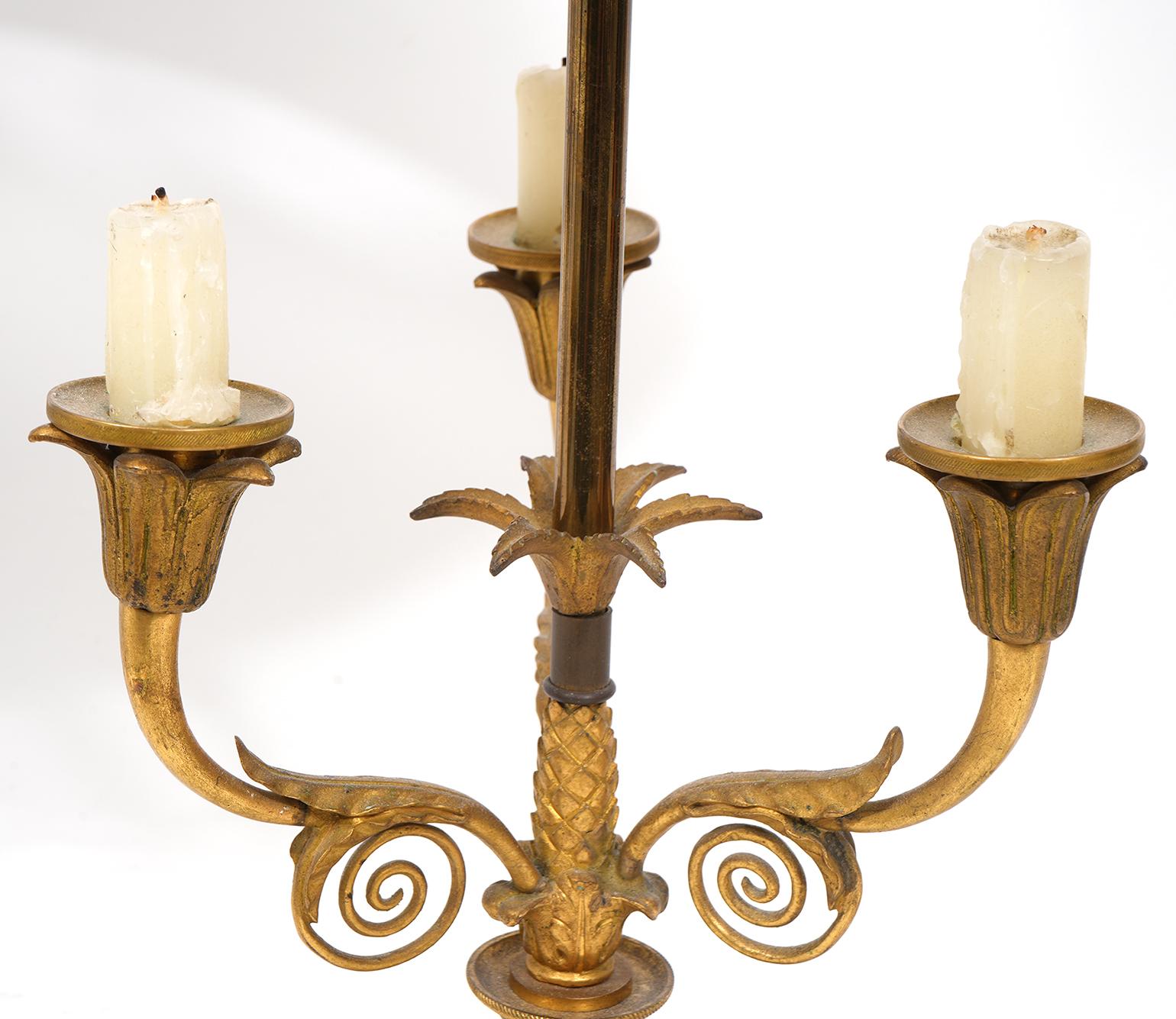 20th Century Pair of Early 20th Ct. French Bronze Lamps with Adjustable Tole Painted Shades