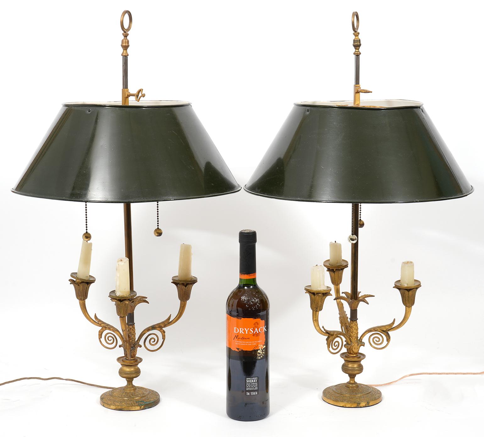 Pair of Early 20th Ct. French Bronze Lamps with Adjustable Tole Painted Shades 2
