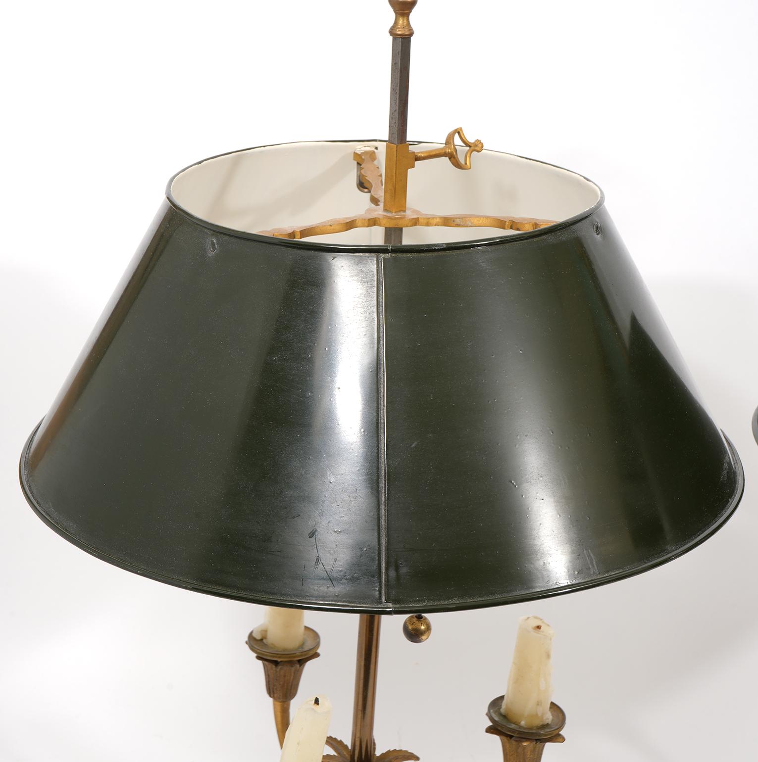Pair of Early 20th Ct. French Bronze Lamps with Adjustable Tole Painted Shades 3