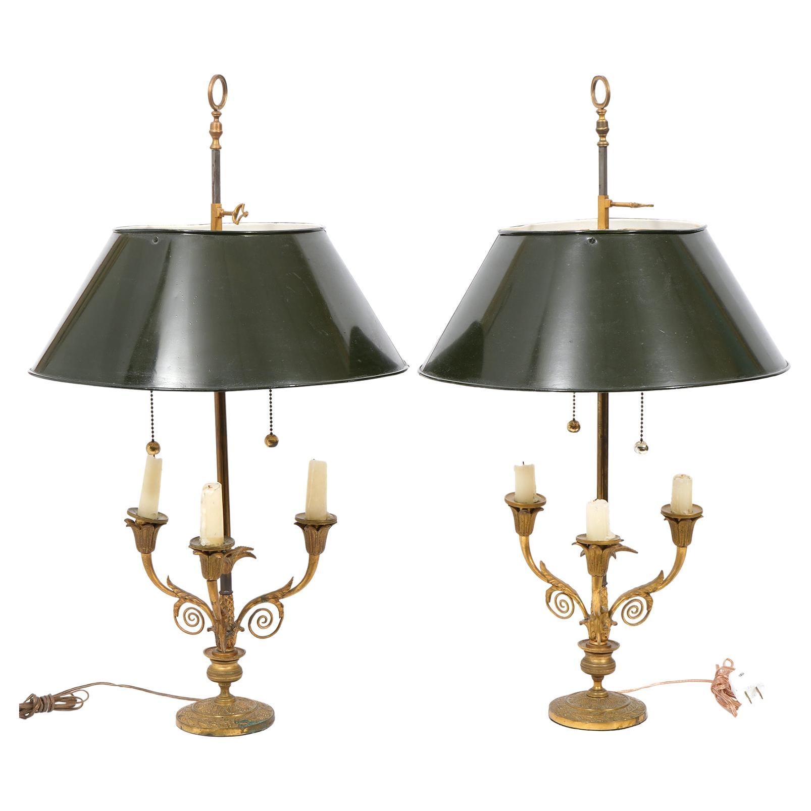 Pair of Early 20th Ct. French Bronze Lamps with Adjustable Tole Painted Shades