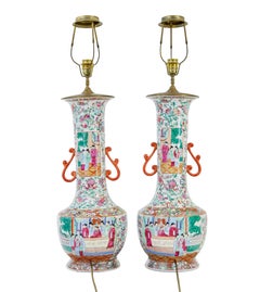 Pair of early 20th large Chinese Cantonese vase lamps