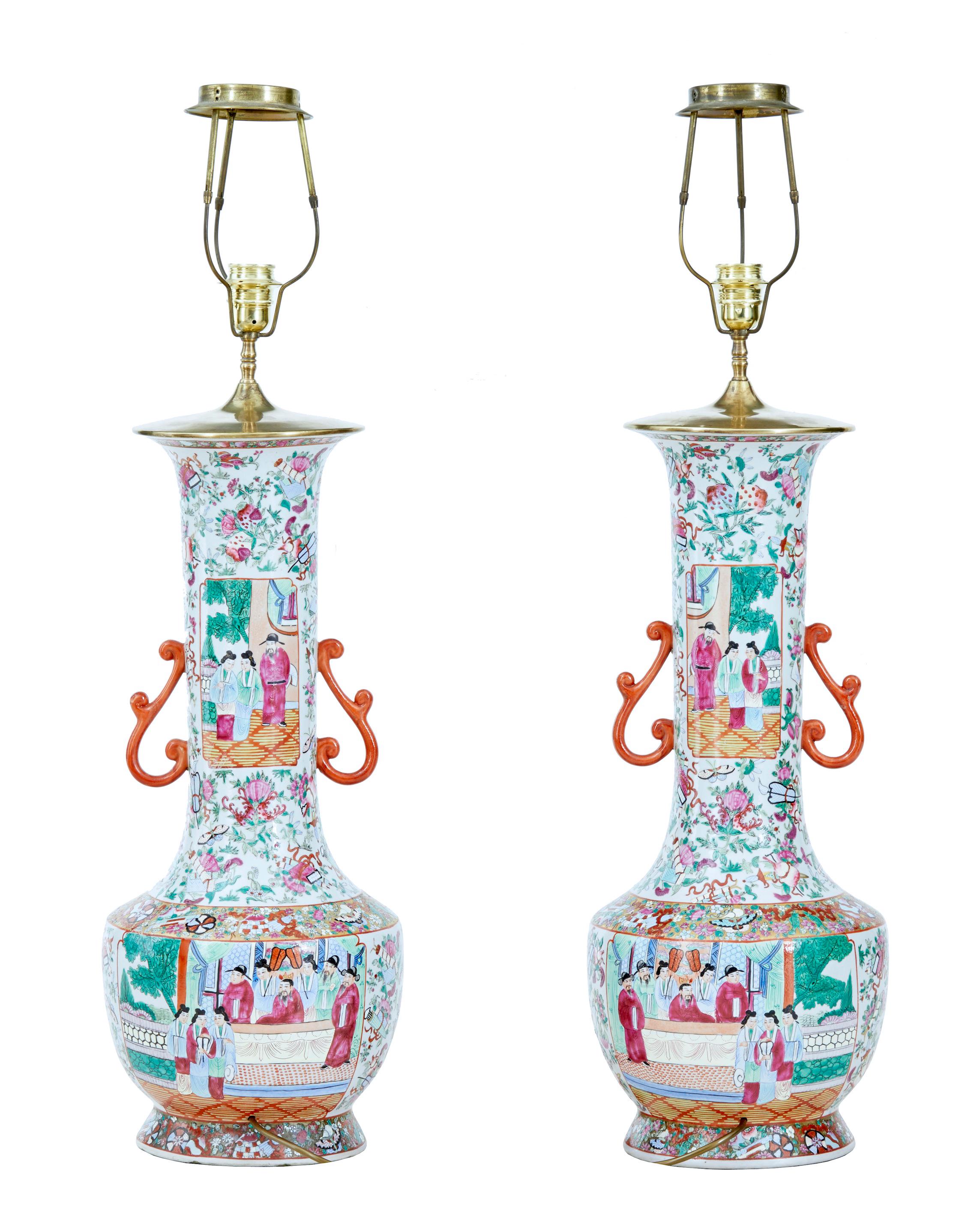 Chinese Export Pair of Early 20th Large Chinese Cantonese Vase Lamps