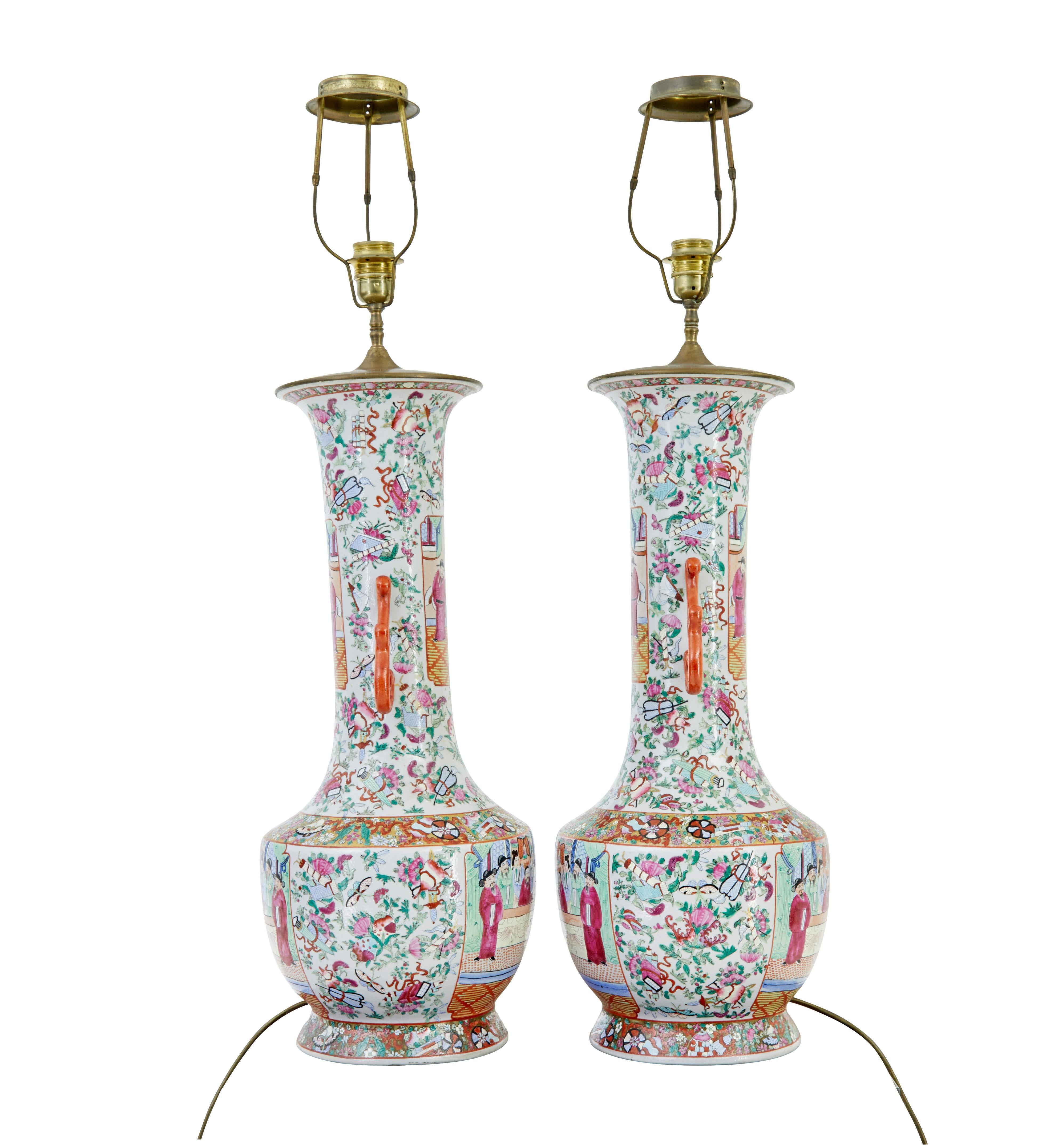 Exportation chinoise Paire de grandes lampes à vase chinoises cantonaises du début du 20e siècle en vente
