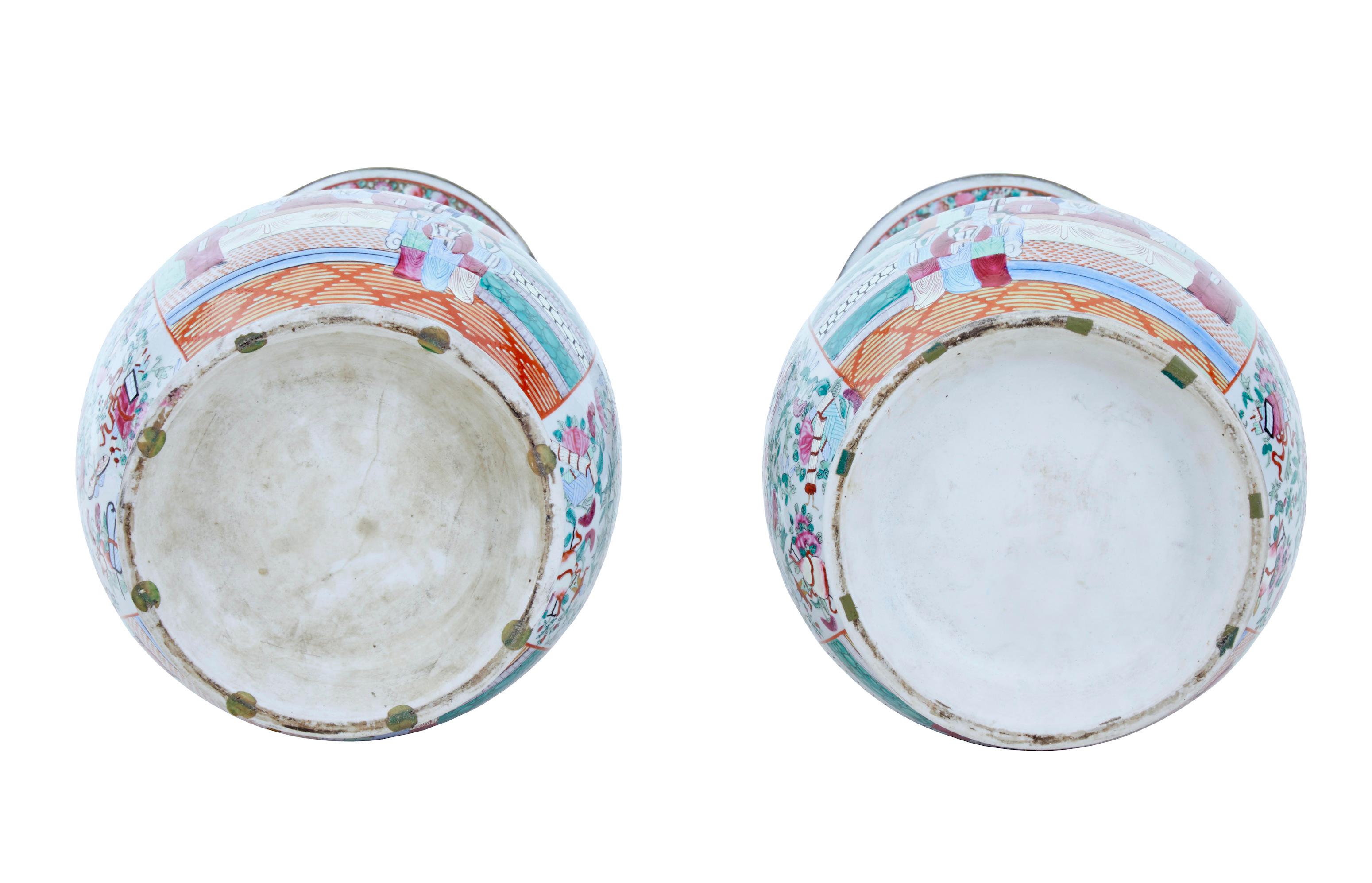 Hand-Painted Pair of Early 20th Large Chinese Cantonese Vase Lamps