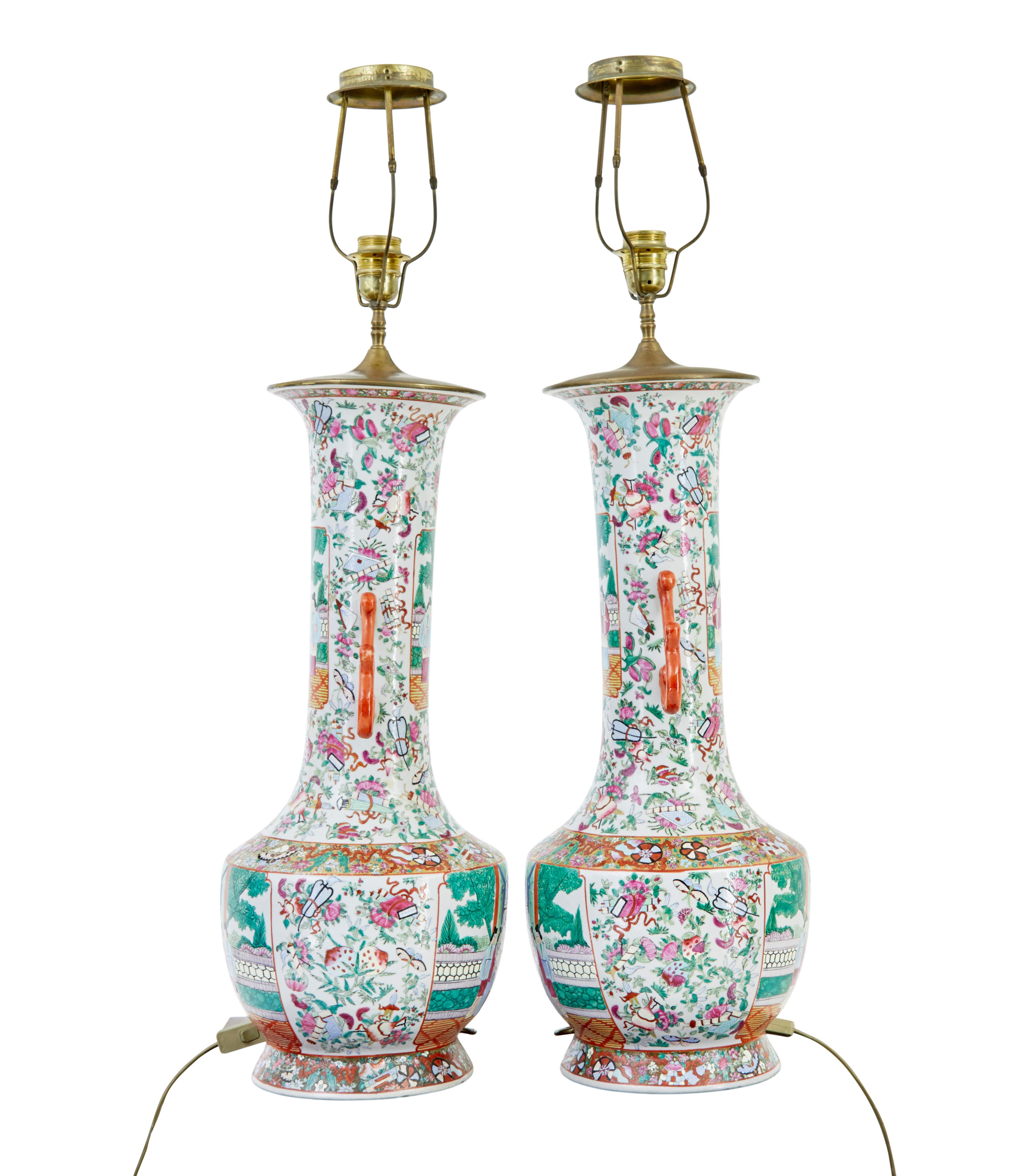 Hand-Painted Pair of early 20th large Chinese Cantonese vase lamps For Sale