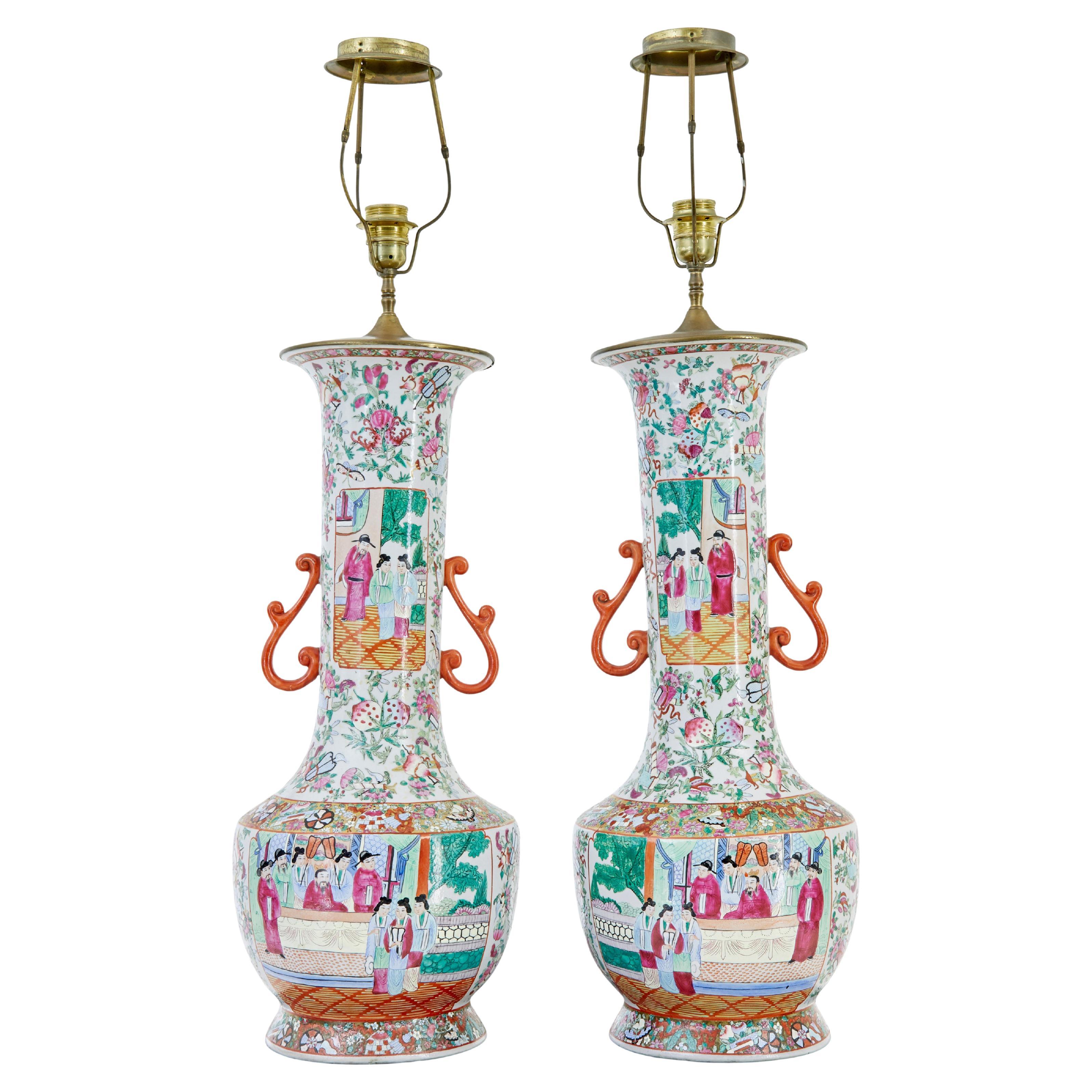 Pair of early 20th large Chinese Cantonese vase lamps