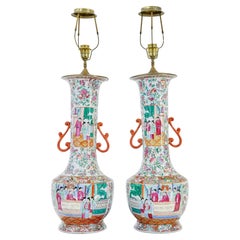 Pair of early 20th large Chinese Cantonese vase lamps
