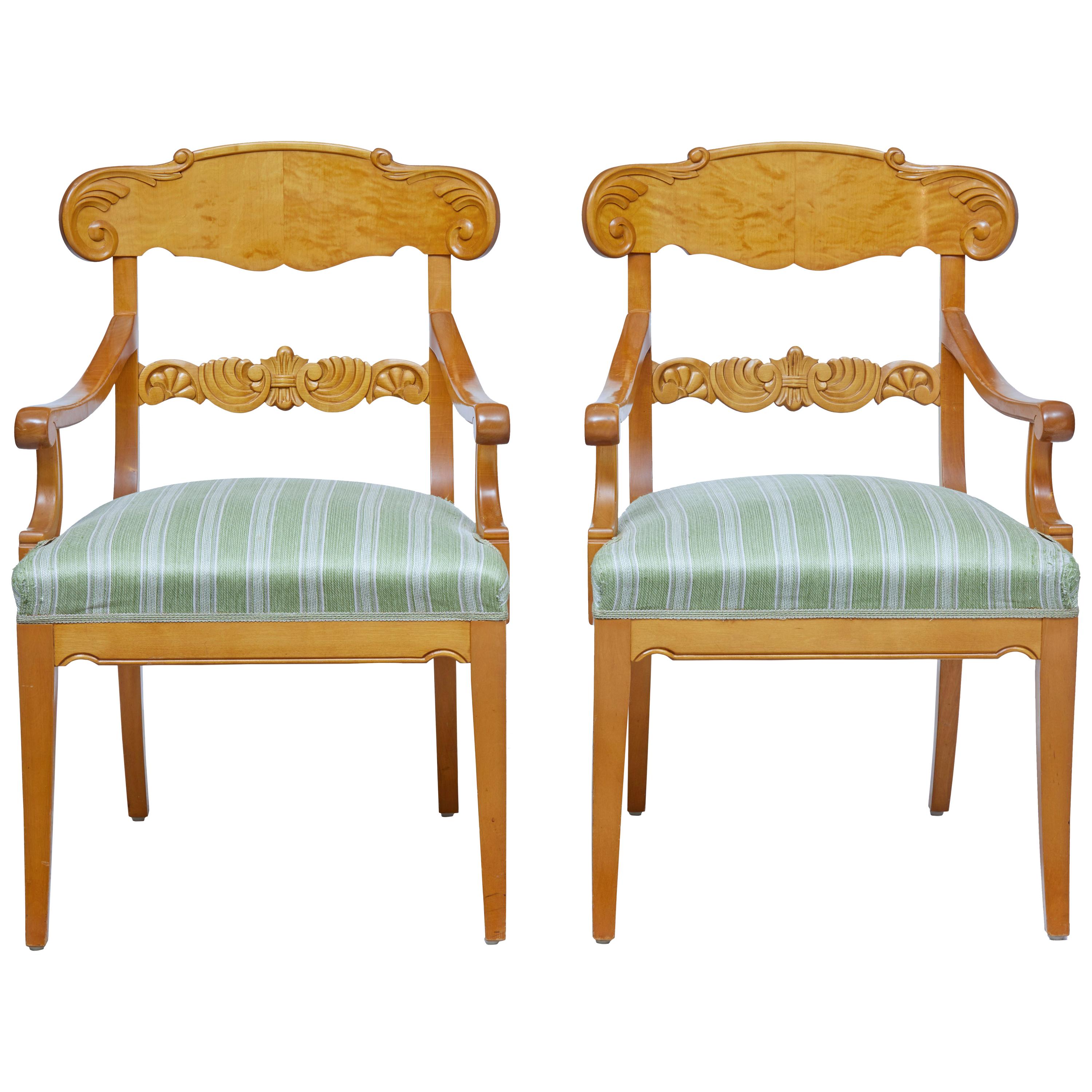 Pair of Early 20th Swedish Carved Birch Armchairs