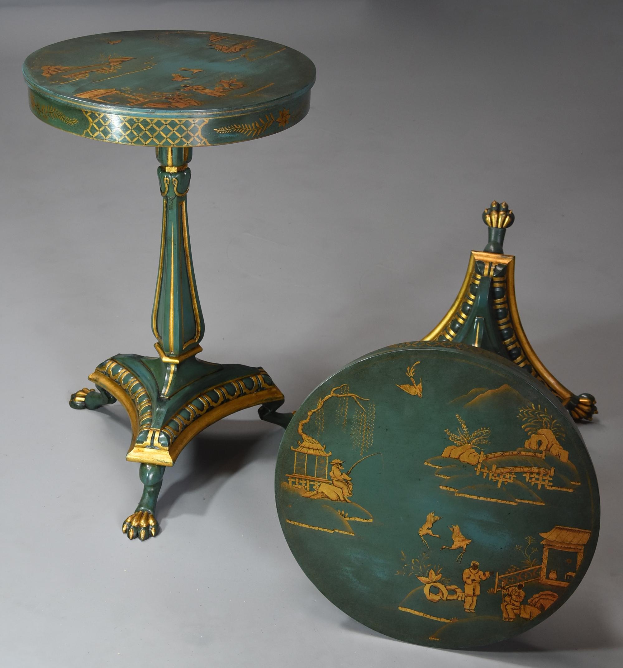 A pair of highly decorative early 20th century lacquered occasional tables in the Regency style and in the manner of Thomas Hope.

This pair of tables consist of lacquered tops with a blue/green ground and gilt decoration depicting a traditional