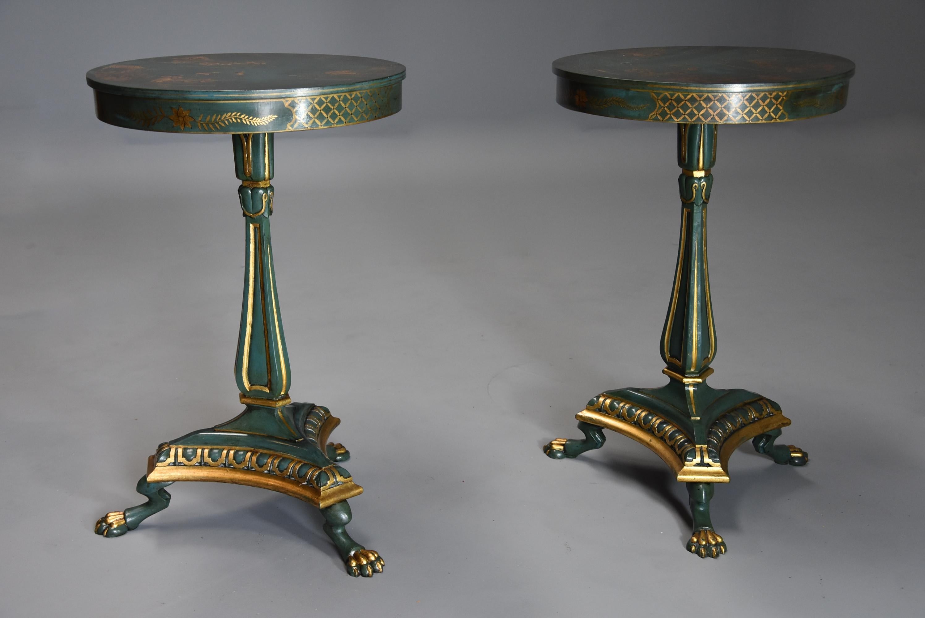 English Pair of Early 20thc Blue/Green Lacquered Occasional Tables in the Regency Style For Sale