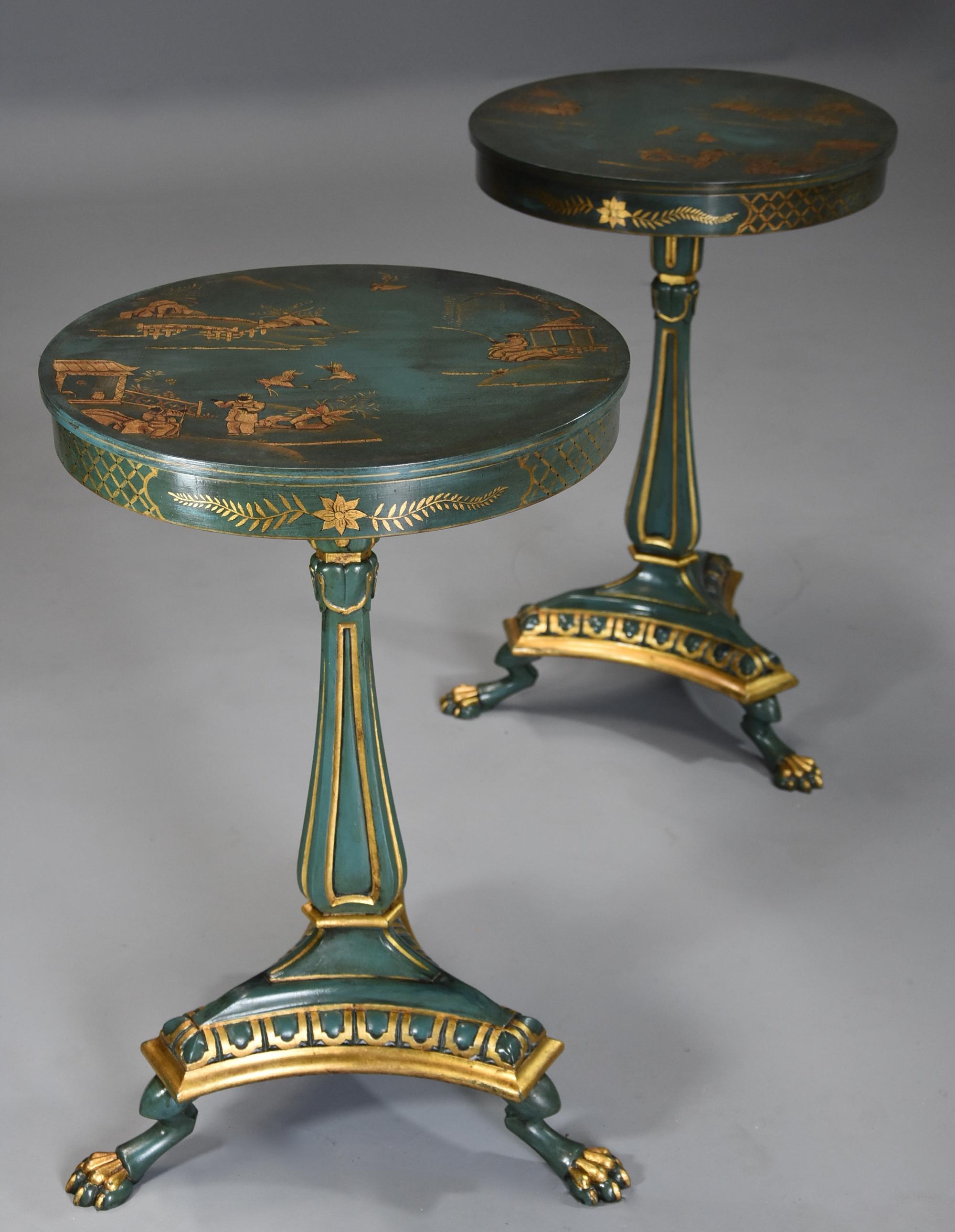 Pair of Early 20thc Blue/Green Lacquered Occasional Tables in the Regency Style In Good Condition For Sale In Suffolk, GB