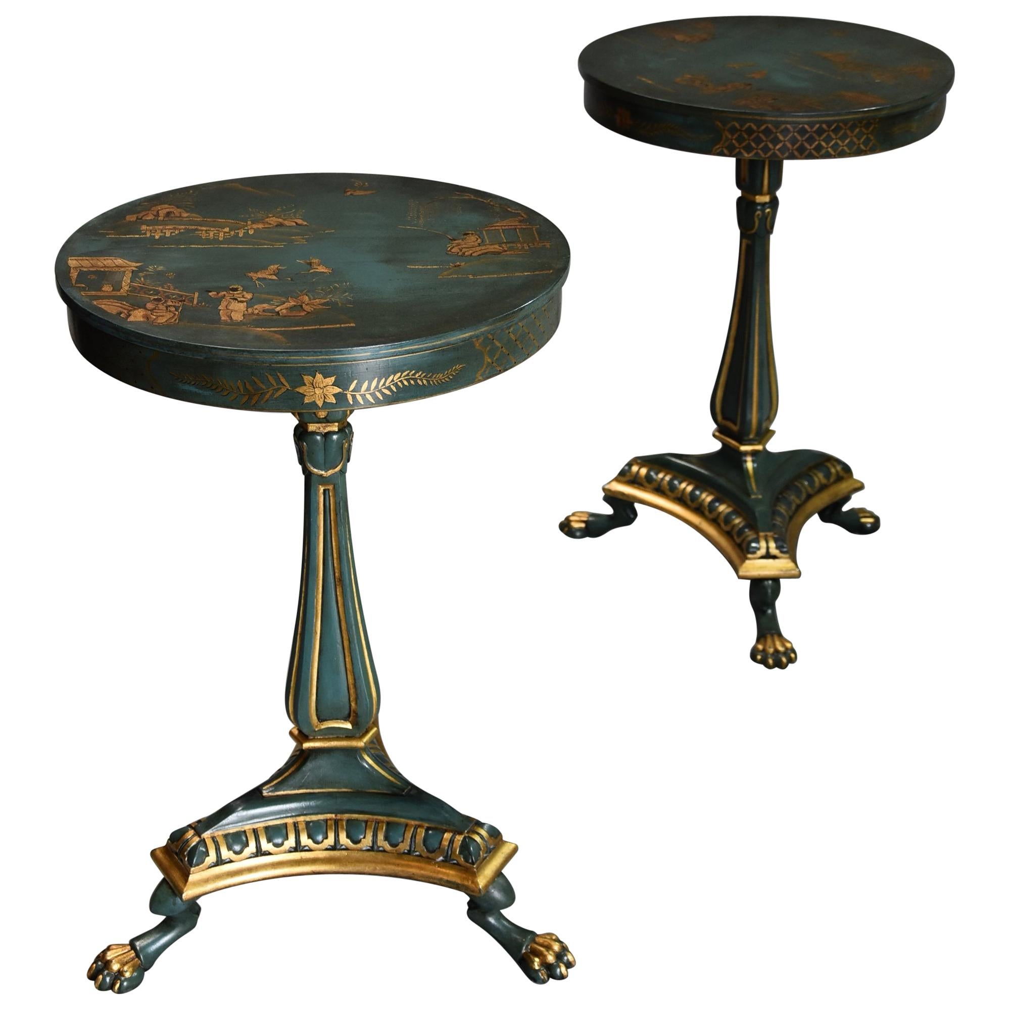 Pair of Early 20thc Blue/Green Lacquered Occasional Tables in the Regency Style For Sale