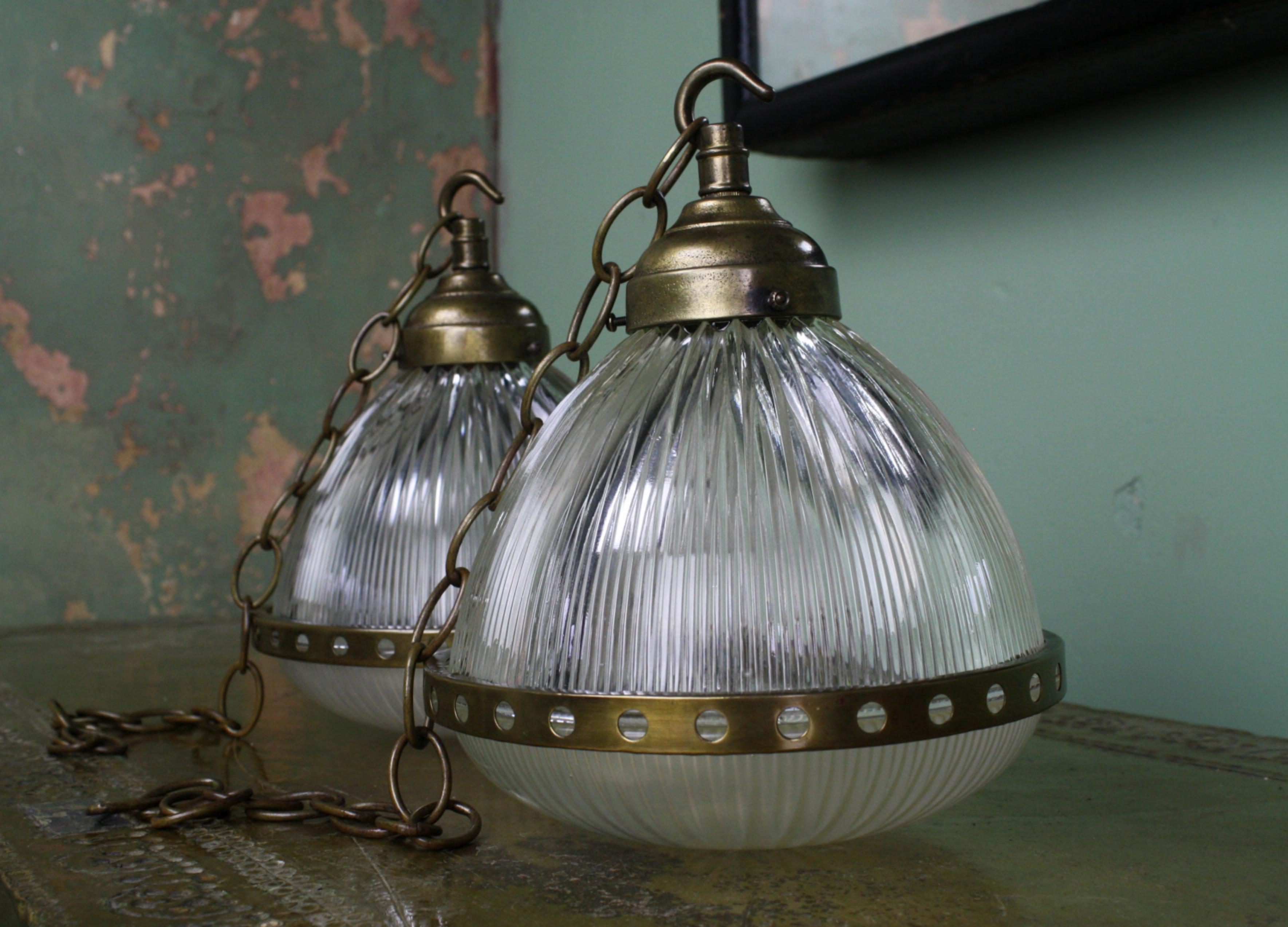 Pair of French Bistro Brass and Prismatic Glass Holophane Pendants 5