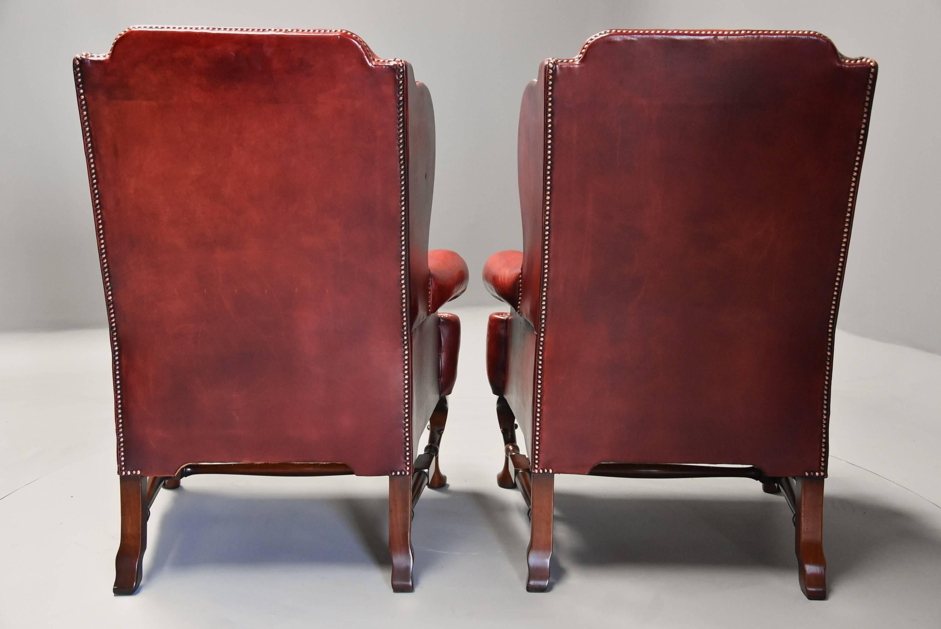 Pair of Early 20th Century Georgian Style Red Leather Wing Armchairs 6