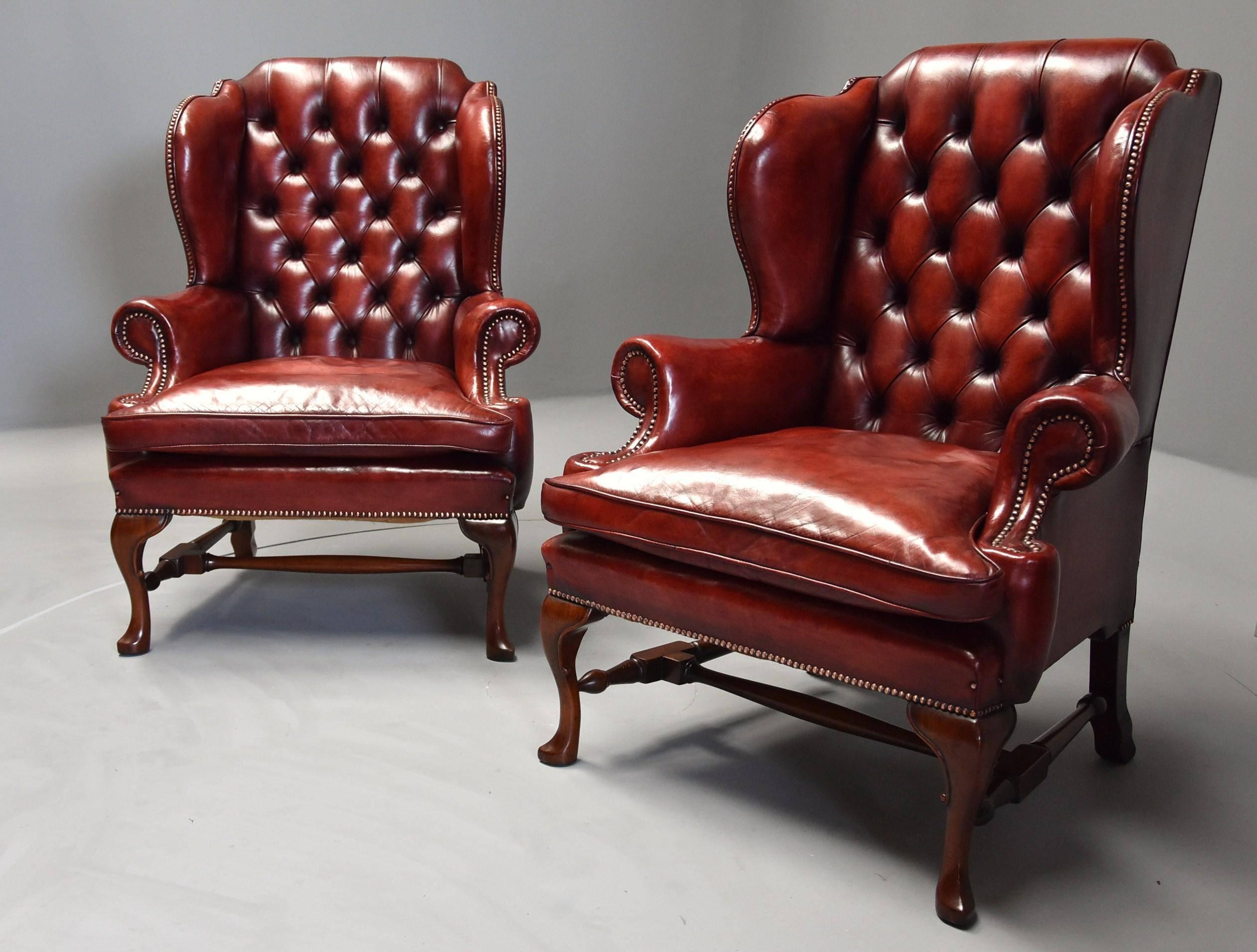 English Pair of Early 20th Century Georgian Style Red Leather Wing Armchairs