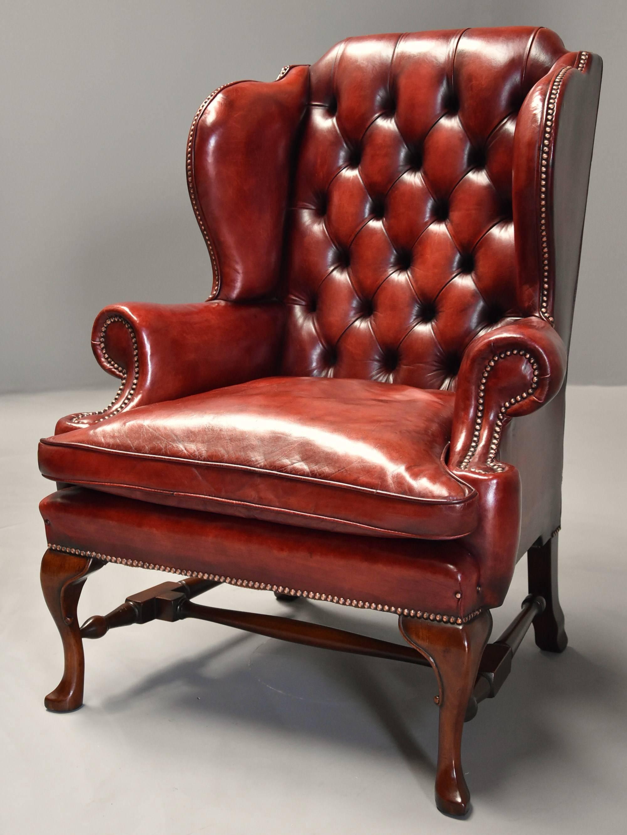 Pair of Early 20th Century Georgian Style Red Leather Wing Armchairs 1