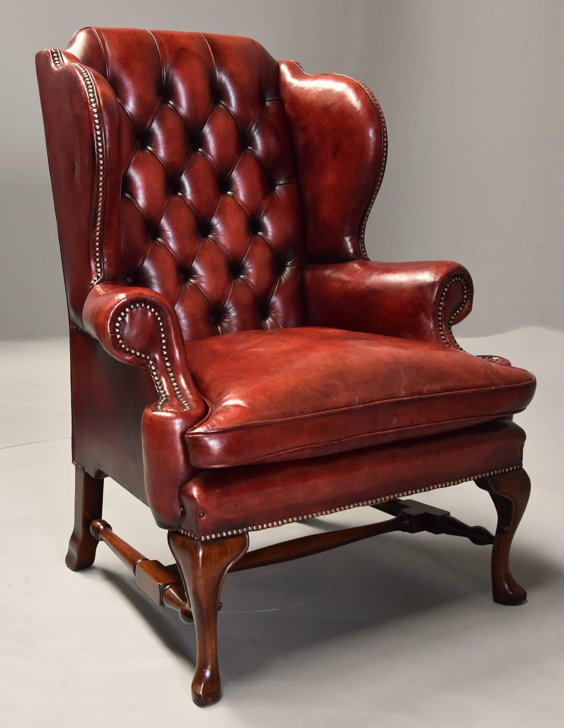 Pair of Early 20th Century Georgian Style Red Leather Wing Armchairs 2