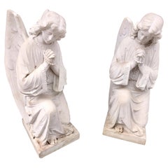 Pair of Early 20thC Hand Carved Carrara Marble Guardian Angels Praying