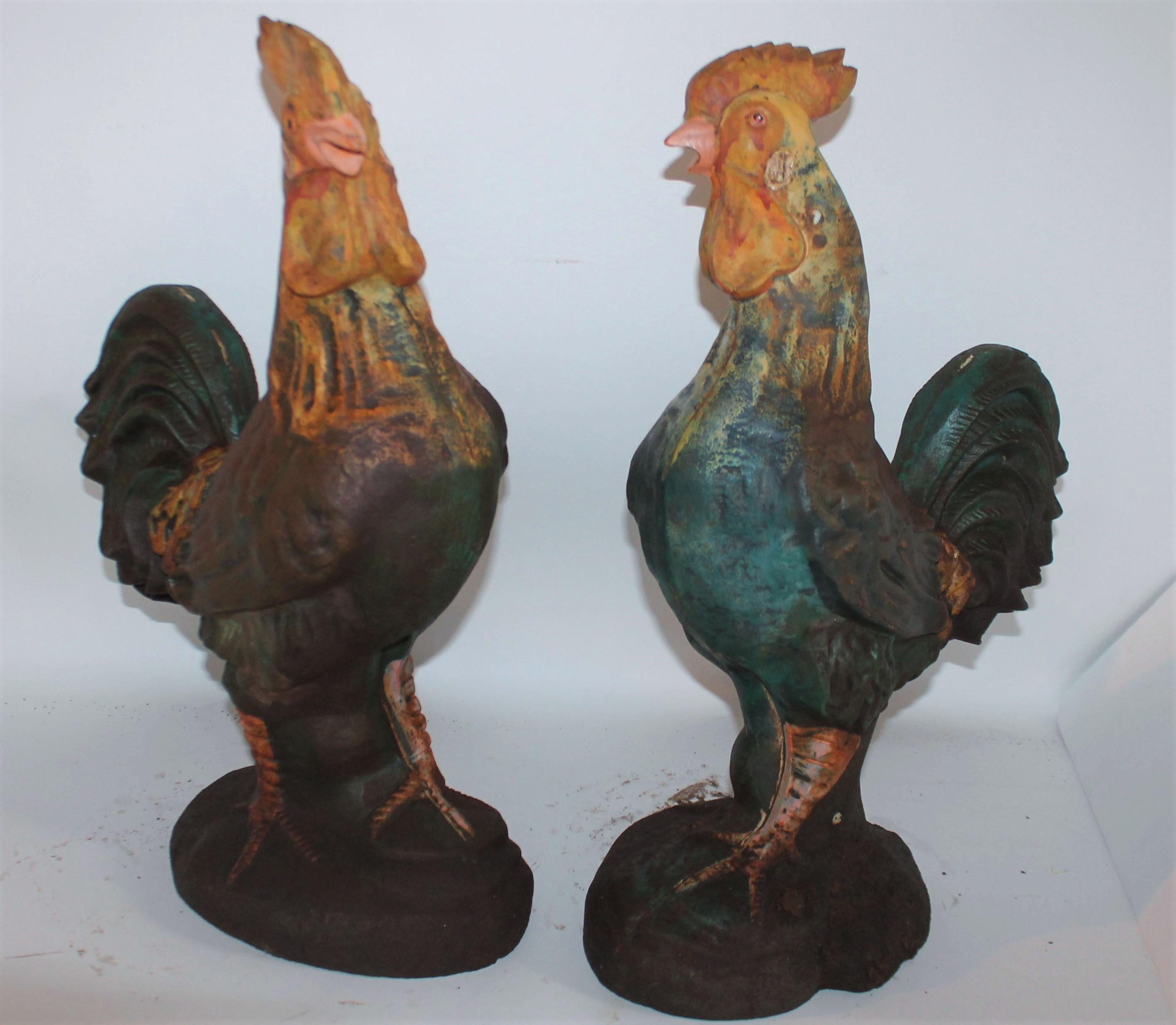 Country Pair of Early 20th Century Iron Roosters in Original Paint